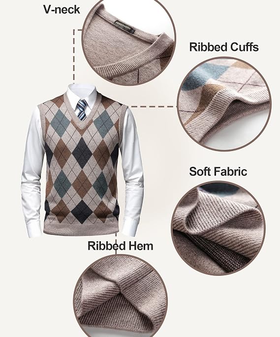 Mens Thick Argyle Sweater Vests Classic V-Neck Knitwear Sleeveless Pullover Autumn Winter Warm Tank Tops
