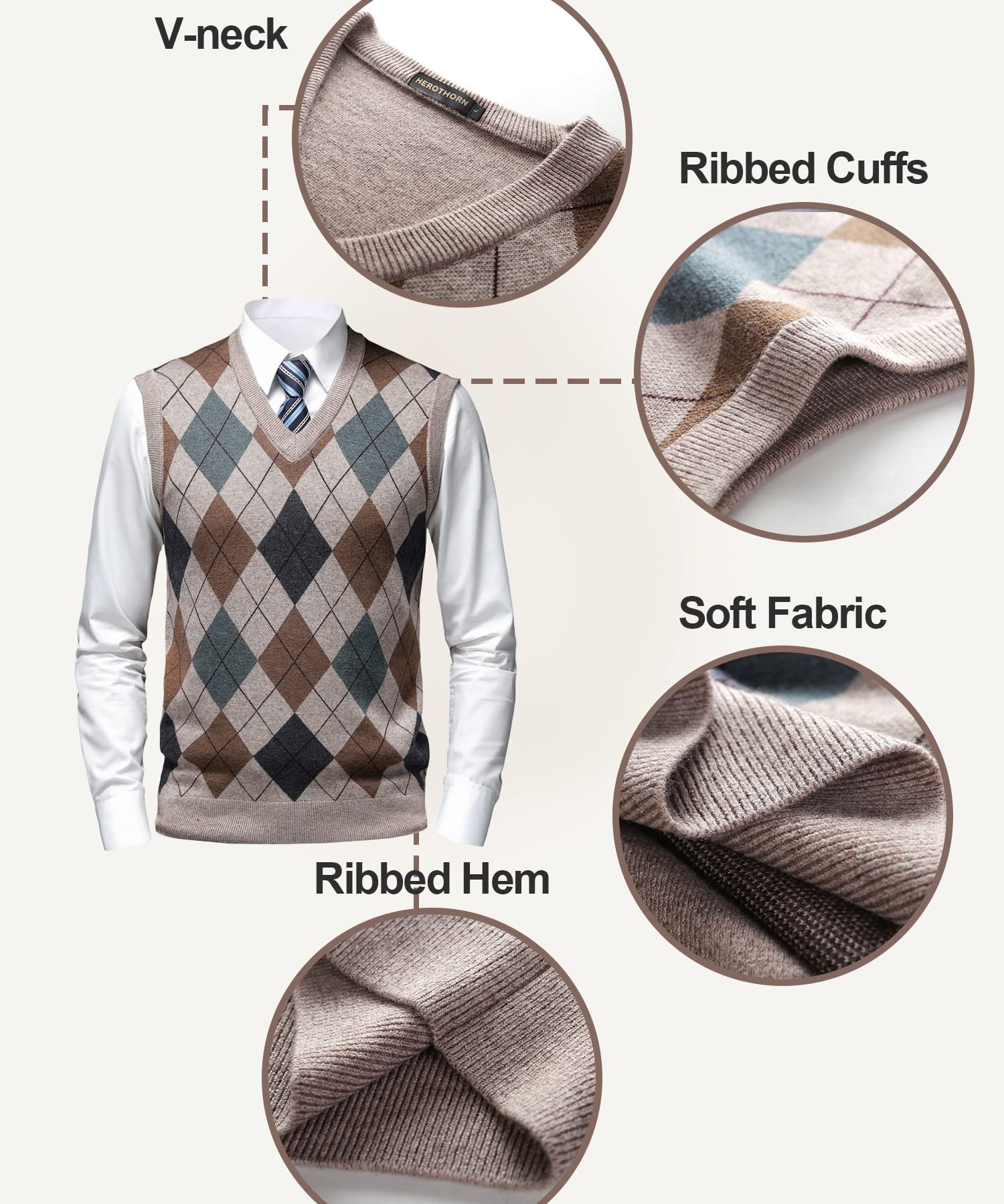 Chaleco de Punto para Hombre Argyle Suéter Cárdigan sin Mangas Jersey con Botón Gentleman Clásico Grueso Tank Tops con Cuello en V Otoño Invierno