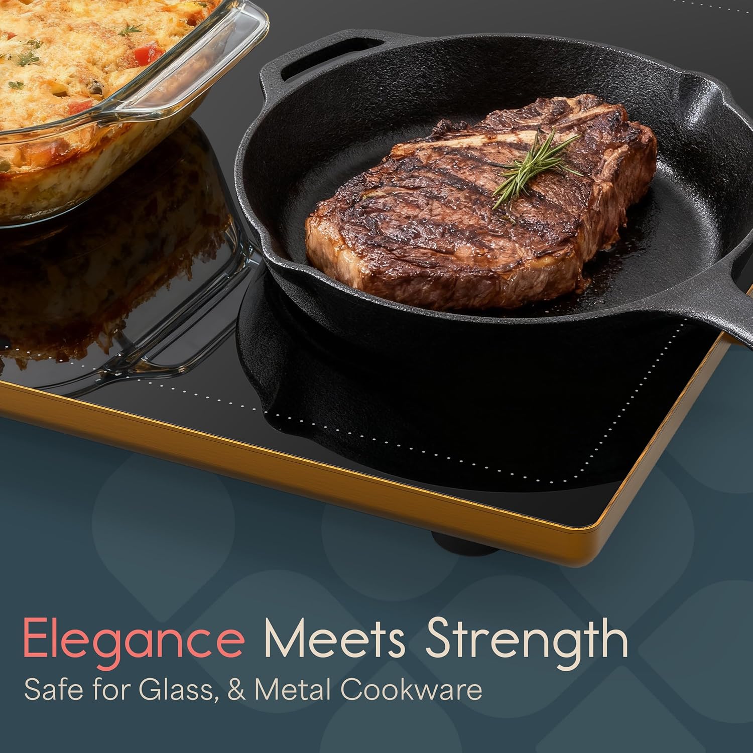 Electric Warming Tray for Food | 39"x14" XL Thermaplate Electric Food Warmer for Kitchen & Buffet | 1" Thin Countertop Hot Plate with Touch Controls, Adjustable Temp, Black/Gold Finish