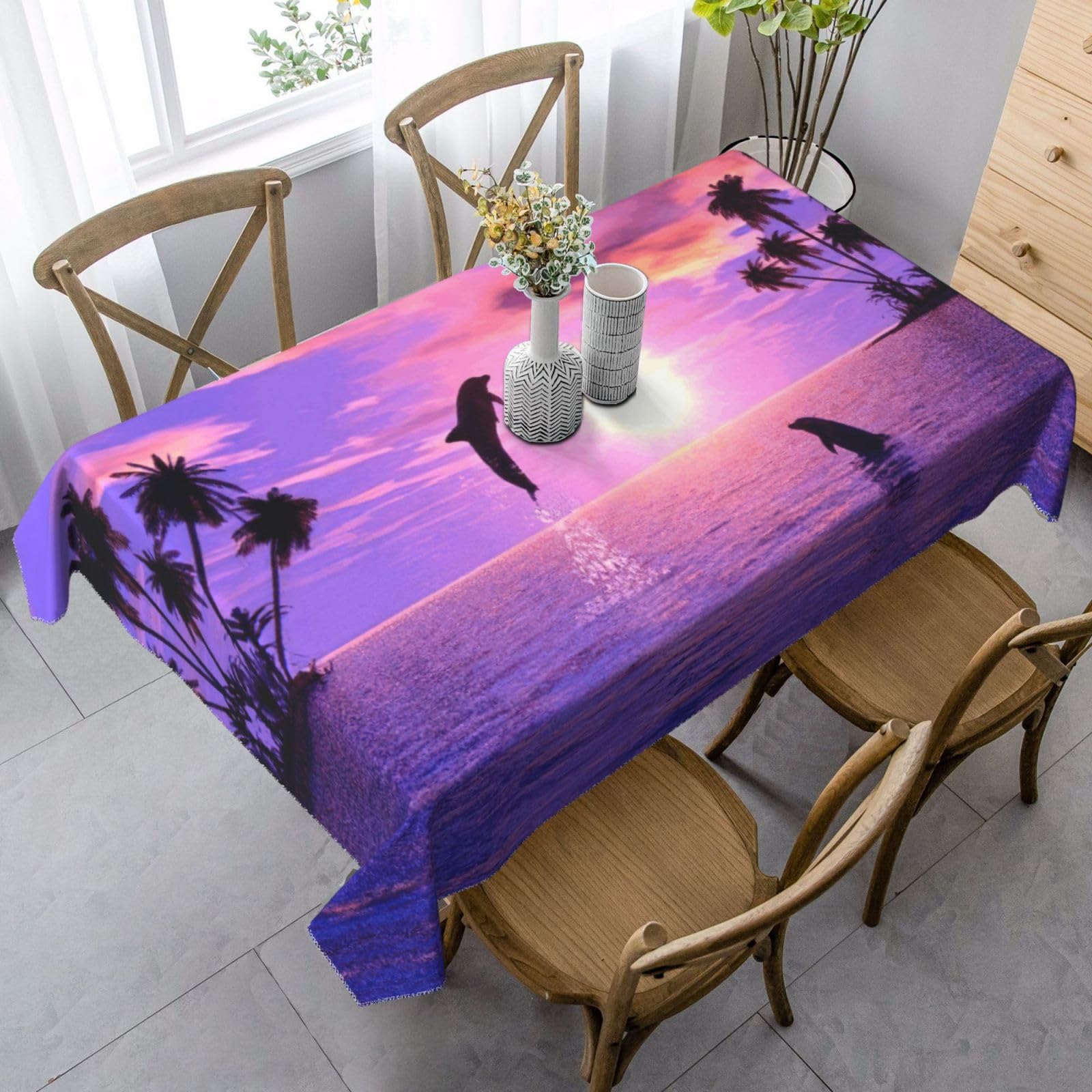 yagDAA Sunset Dolphins Print Rectangle Tablecloth Table Cover Indoor Outdoor Dining Room Kitchen Table Cloth 140x90cm