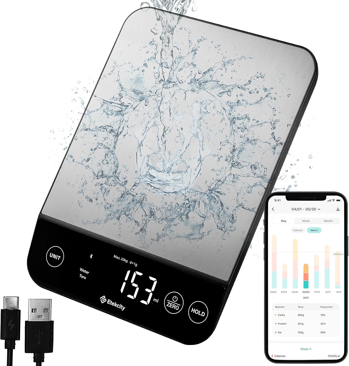 22lb Food Nutrition Scale, Smart Calorie Calculator, Waterproof