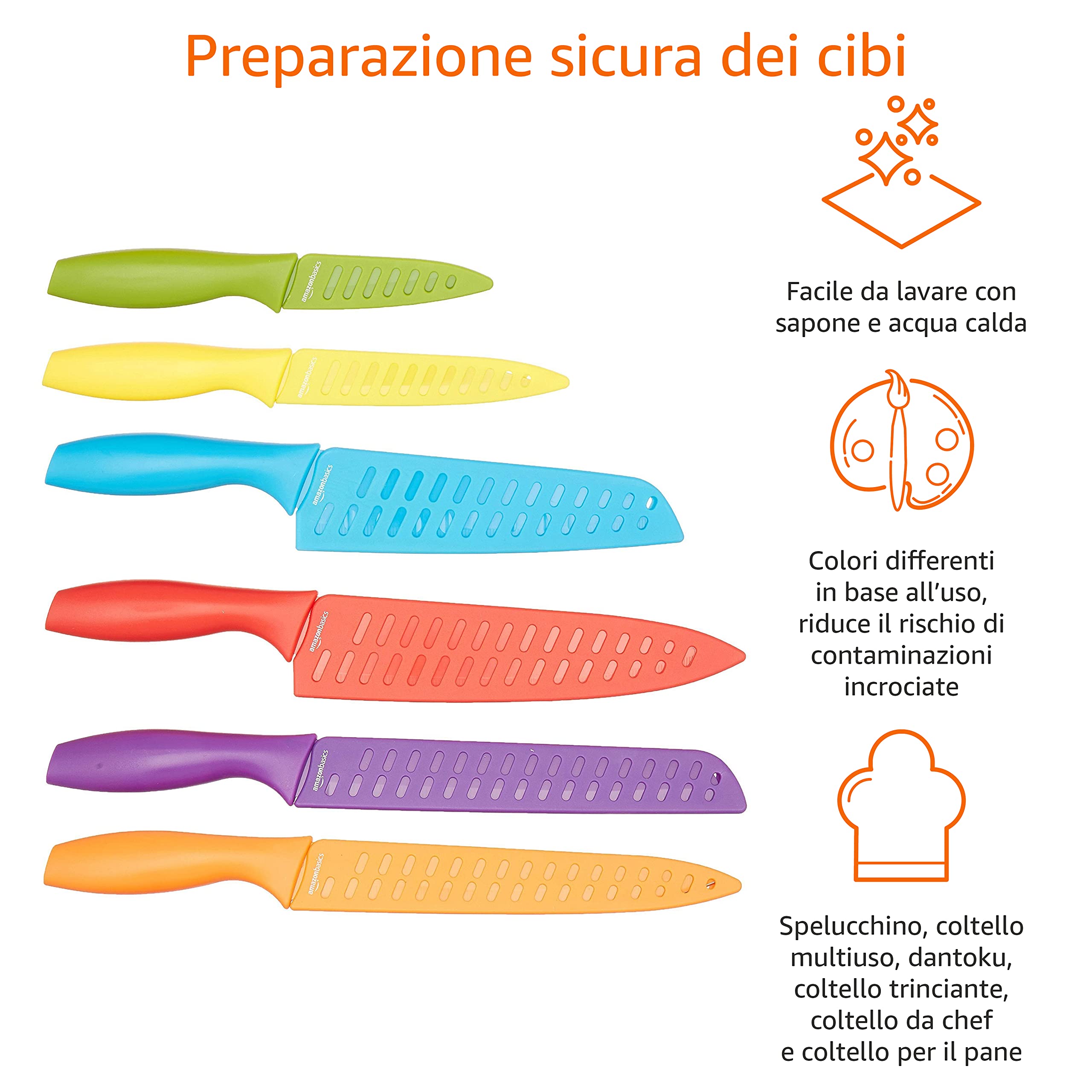Amazon Basics Set di coltelli Colorati, 12 Pezzi, Assortito