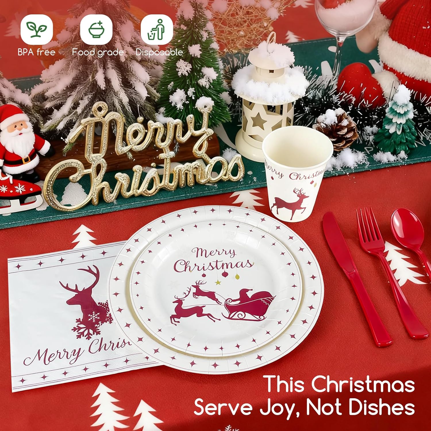 Christmas Plates and Napkins w/Cutlery & Cups, 50 Serve Reindeer Christmas Dinnerware Sets, Xmas Paper Plates Disposable Party Sets, Holiday Tableware for Winter Party Decorations Supplies (350 pcs)