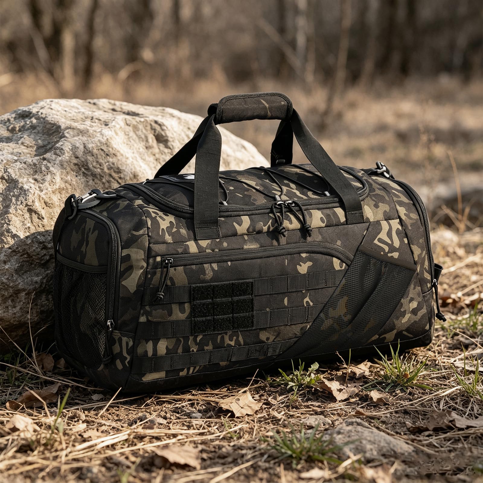 45L Taktische Reisetasche Rucksack für Herren Damen 3-in-1 Camouflage Sporttasche Militär mit Schuhfach Nassfach Multifunktionale Weekender für Gym Reisen Camping Wandern, Camo