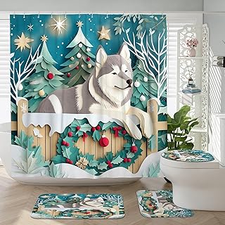 DESIHOM 4PCS Christmas Alaskan Malamutes Dog Shower Curtain Sets with Non-Slip Rug, U Shape and Toilet Lid Cover Mat, Xmas Novelty Forest Home Decor, Bathroom Accessory with 12 Hooks
