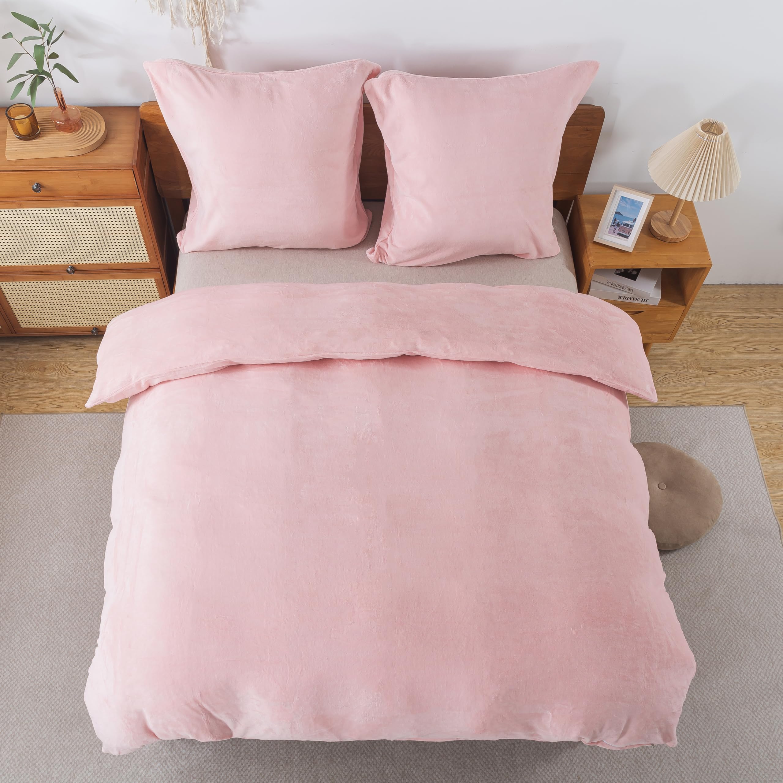 Juego de ropa de cama esponjosa de 200 x 200 cm, color rosa – Edredón de otoño invierno con 2 fundas de almohada de 80 x 80 cm, juego de ropa de cama de castor cálido, suave y acogedor