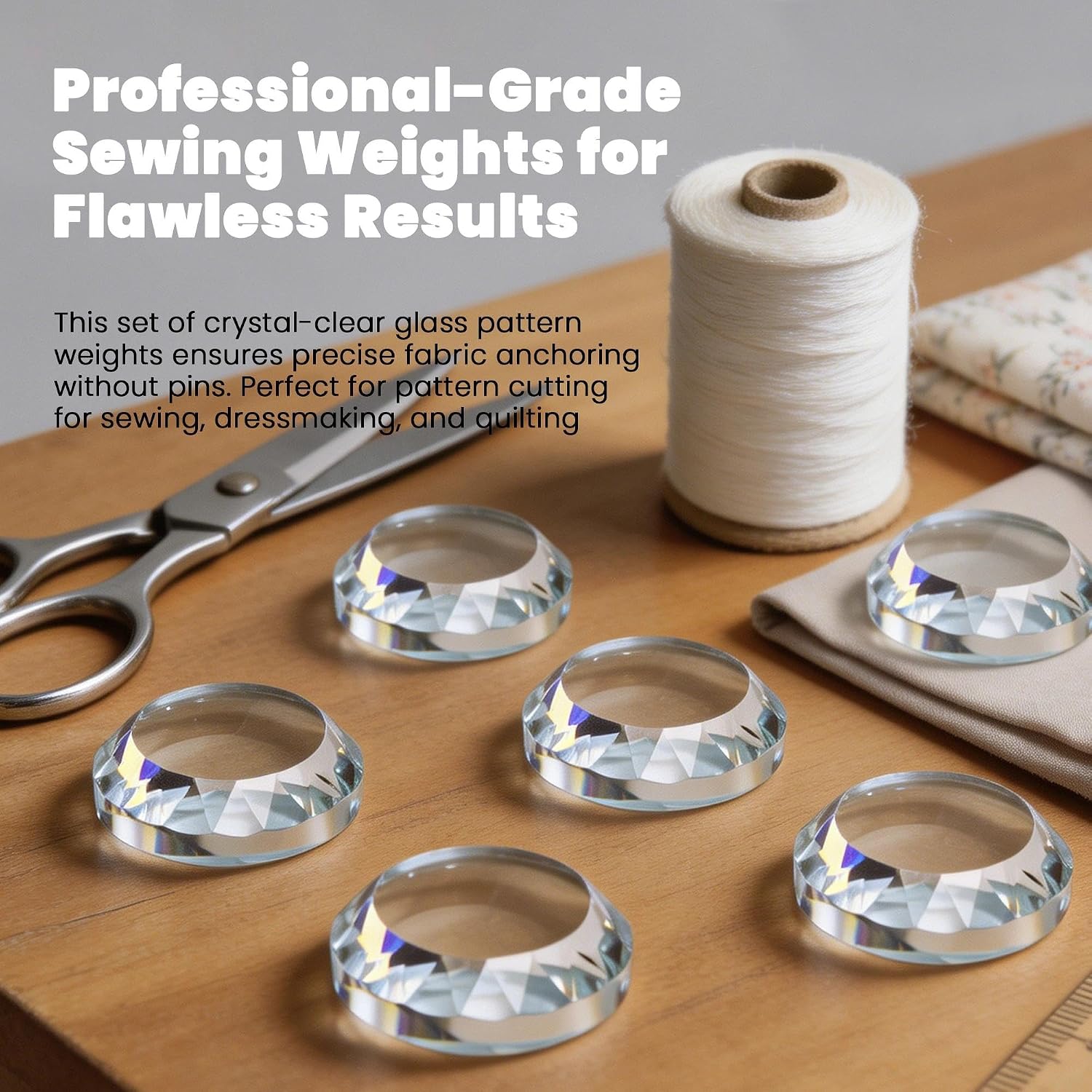6-Pack Crystal Glass Pattern Weights for Sewing - Fabric Weights for Precision Dressmaking, Pattern Cutting & Crafting, Shatter-Resistant Sewing Accessories,2“ Diameter, 0.58" Thickness