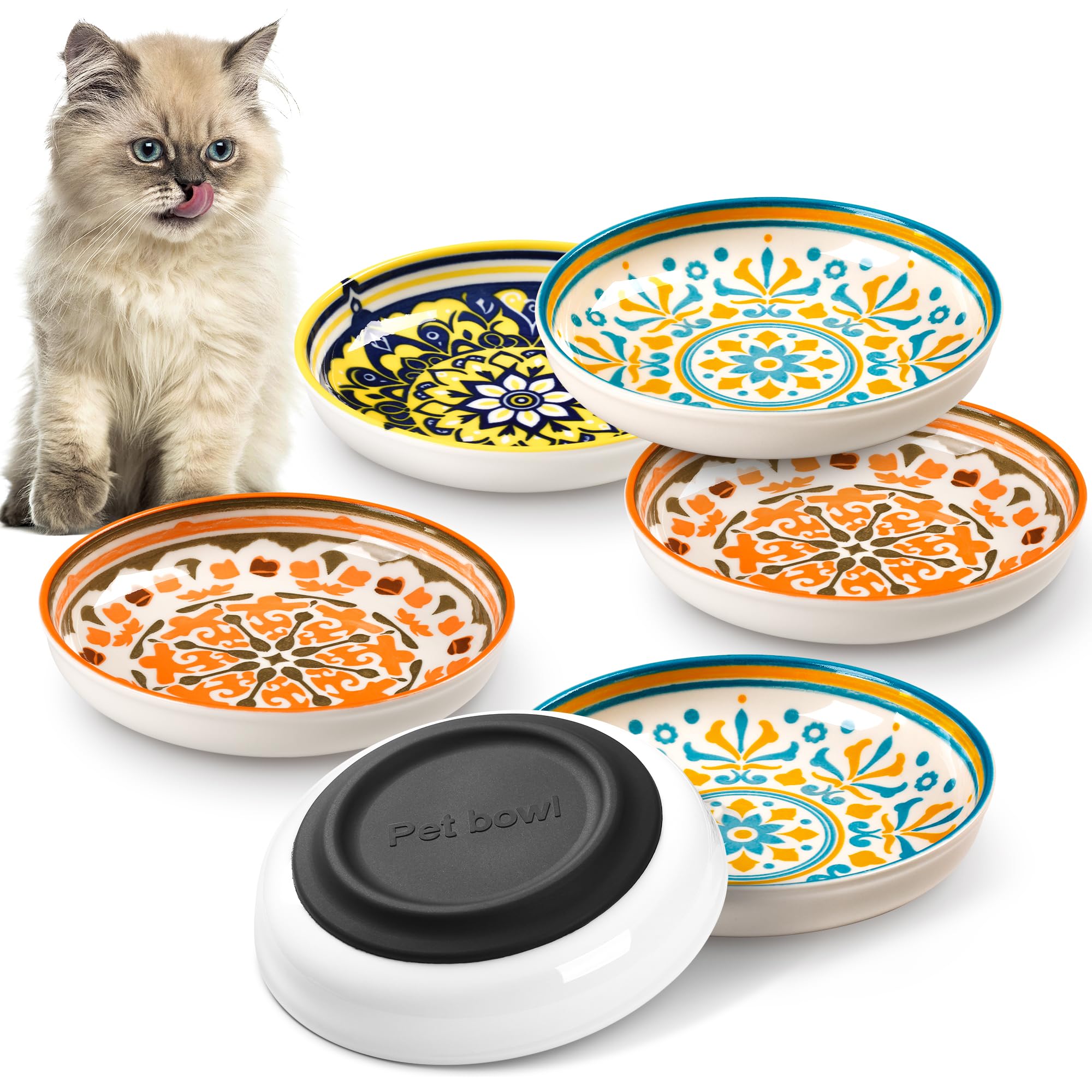 Kitwinney Cat Bowls, Non-Slip Ceramic Cat Food Bowl Set with Silicone Base, Whisker Friendly Cats Dishes, 6 Pack Cute Plates for Feeding Indoor Cats,