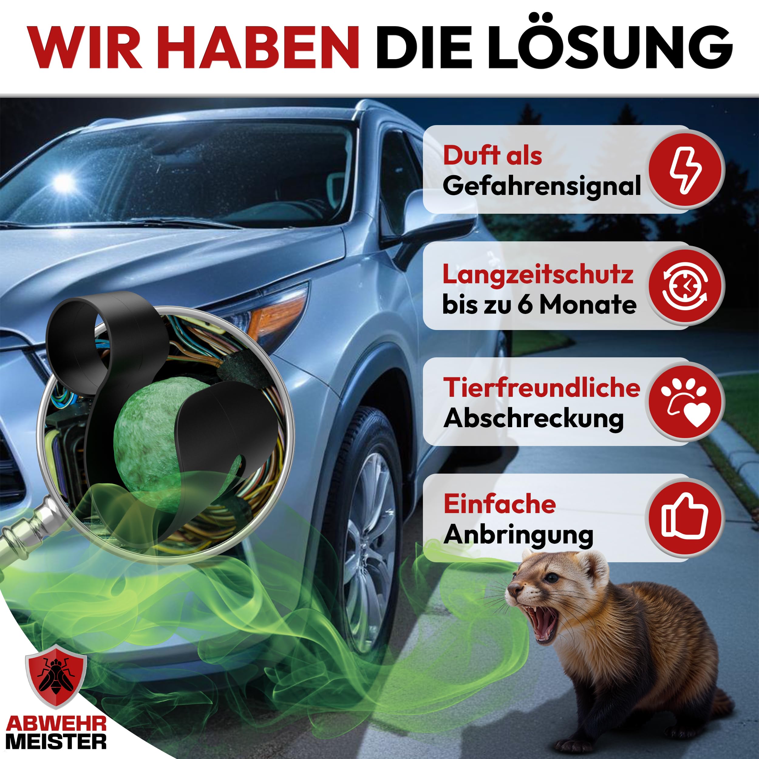 ORIGINAL 4X Marderschreck-Kugeln inkl. PKW-Halterung, Marderschreck Auto mit Sofortwirkung, bis zu 6 Monate Schutz, Marderabwehr zum Schutz vor Marder im Motorraum, Made in Germany