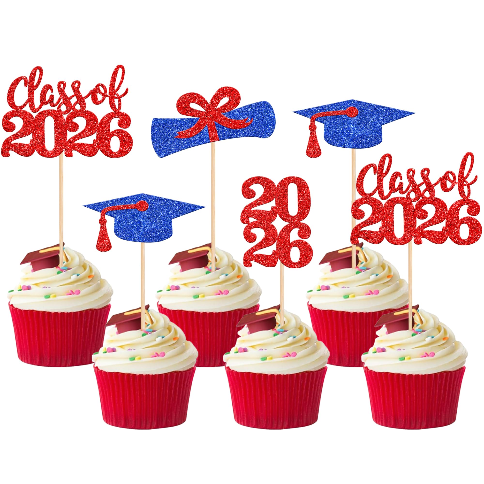 36 PCS Class of 2026 Graduation Cupcake Toppers Glitter Diploma Grad Cap Cupcake Picks 2026 Congrats Grad Cake Decorations for 2026 Graduation Theme