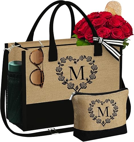 YOOLIFE Bolsa de yute con inicial y bolsa de maquillaje, bolsa de mano con monograma bordado, regalos de cumpleaños personalizados para mujeres y