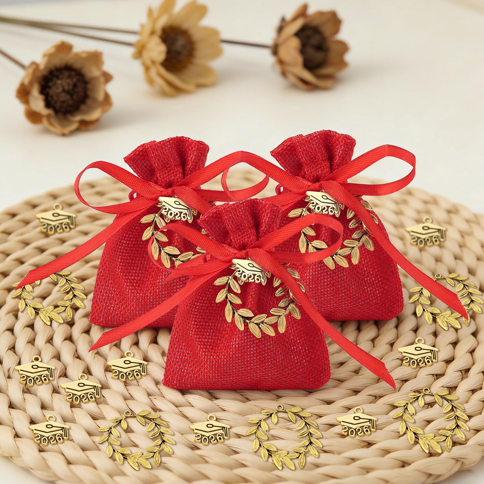 30Pz Bomboniere Laurea Portaconfetti, Rossa Sacchetti Laurea con Ciondoli Corona Alloro, Biglietti e Nastro per Cerimonie, Feste - 3