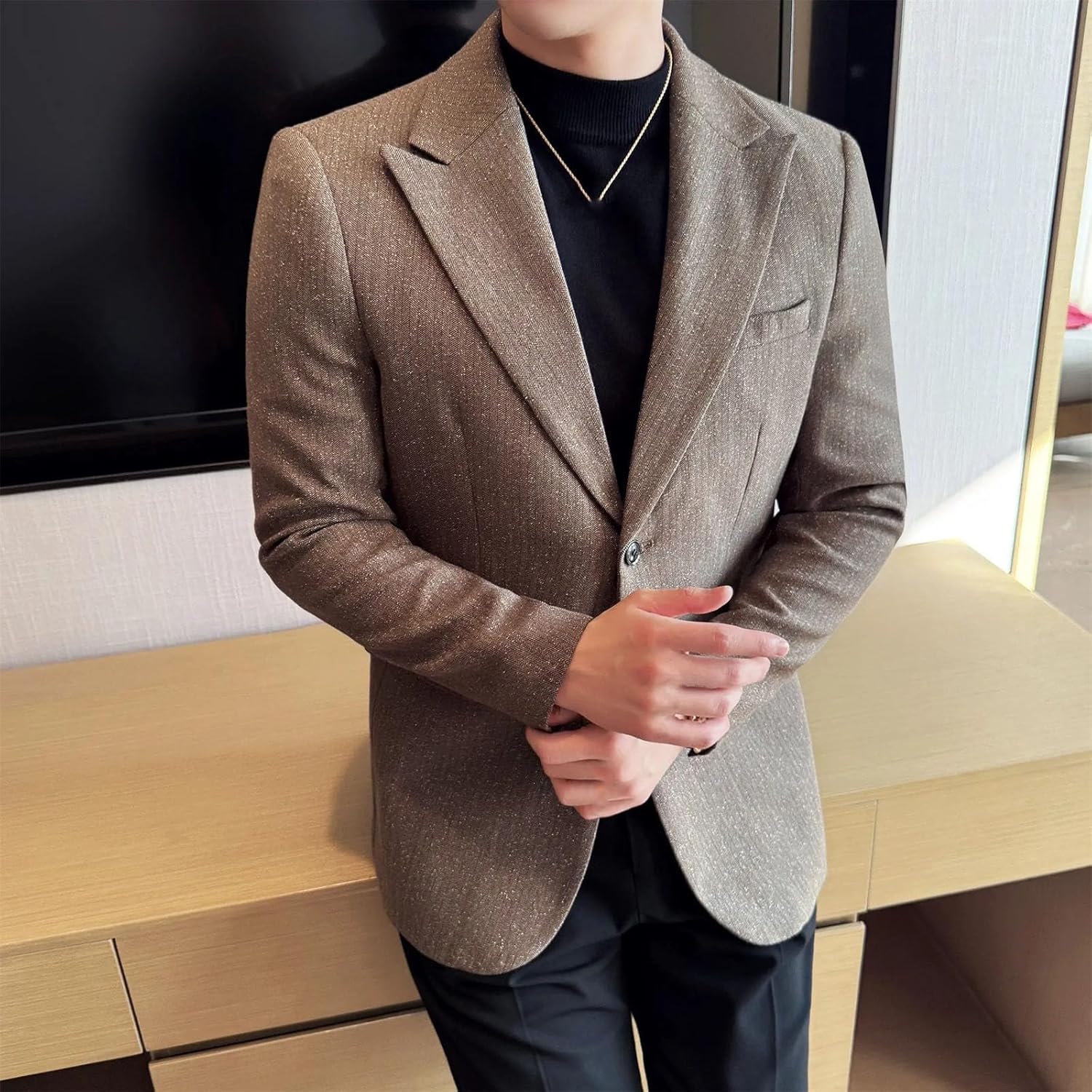 Mens Snowflake Dot Dark Striped Fashionable and Stylish Casual Suit Jacket Korean-style Slim-fit Suit