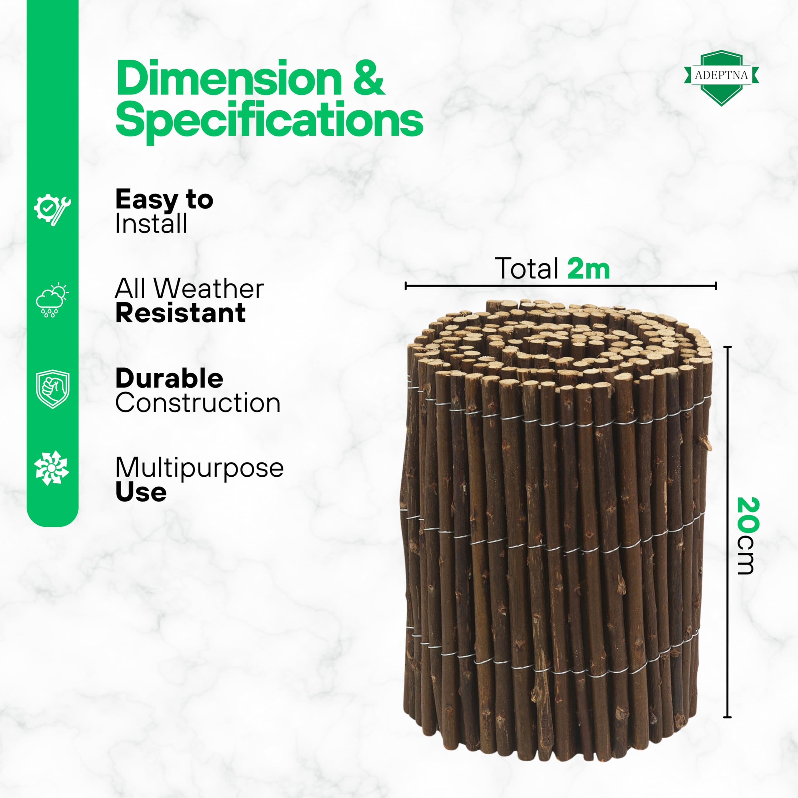 ADEPTNA Willow Wooden Edging – 2M x 20cm Garden Border Fence | Flexible, Weather-Resistant Lawn Edging for Garden, Flower Beds, Patios & Walkways — view 2