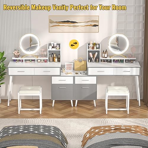 Miniatura 8 de Cyclysio Escritorio de tocador con espejo y luces, tocador de maquillaje con cajones, escritorio de maquillaje moderno con gabinete reversible,
