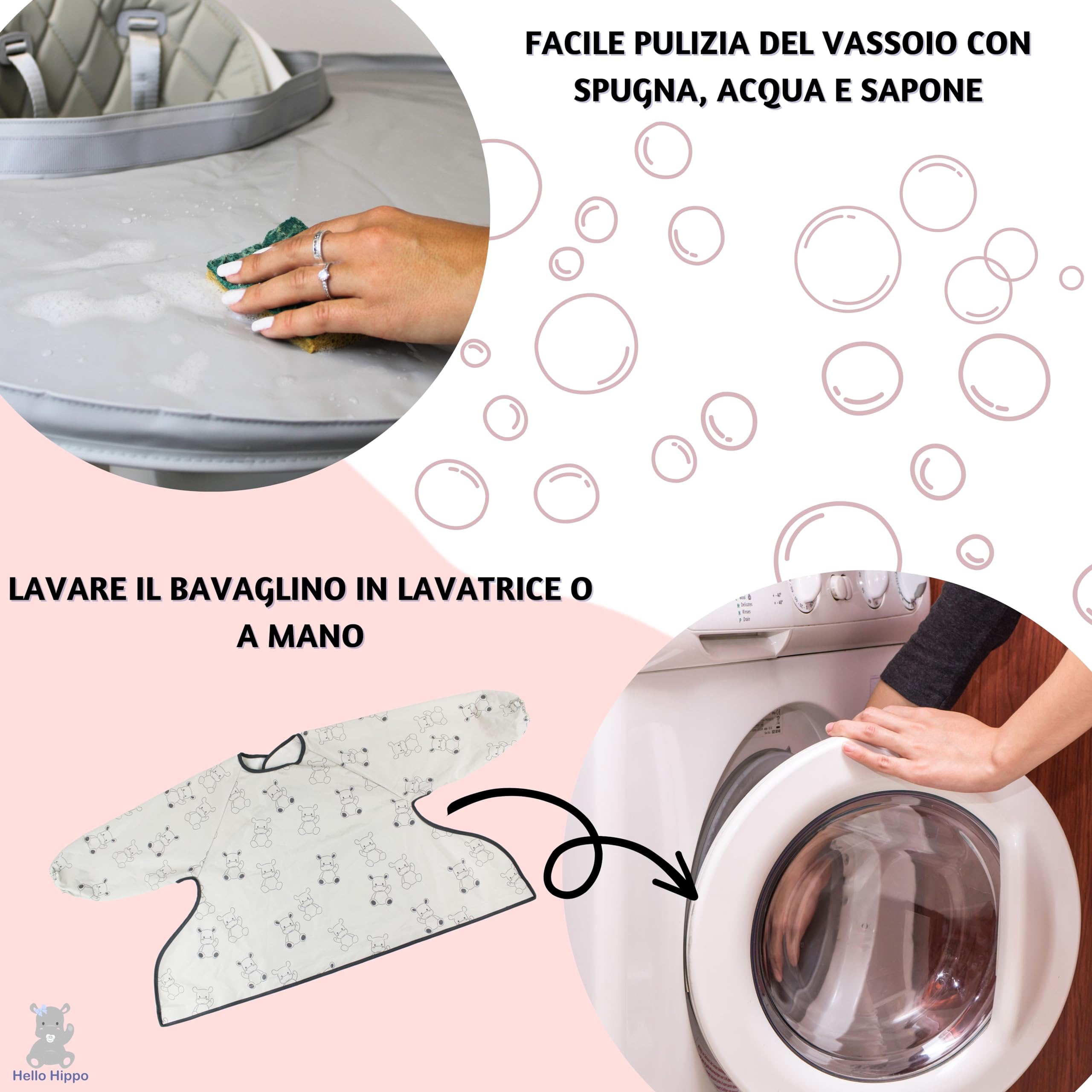 Hello Hippo® Kit 2 bavaglini impermeabili con vassoio didattico grigio per seggiolone – Vassoio con ventosa – Maniche lunghe per pappa, pittura e attività creative
