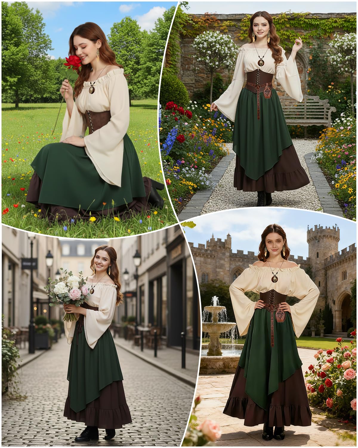 Set di Vestiti Medievali da Donna, Maxi Abito Rinascimentale con Spalle Scoperte, Maniche Corte, Marsupio, Costume Rinascimentale da Donna per Giochi di Ruolo Rinascimentali e Medievali