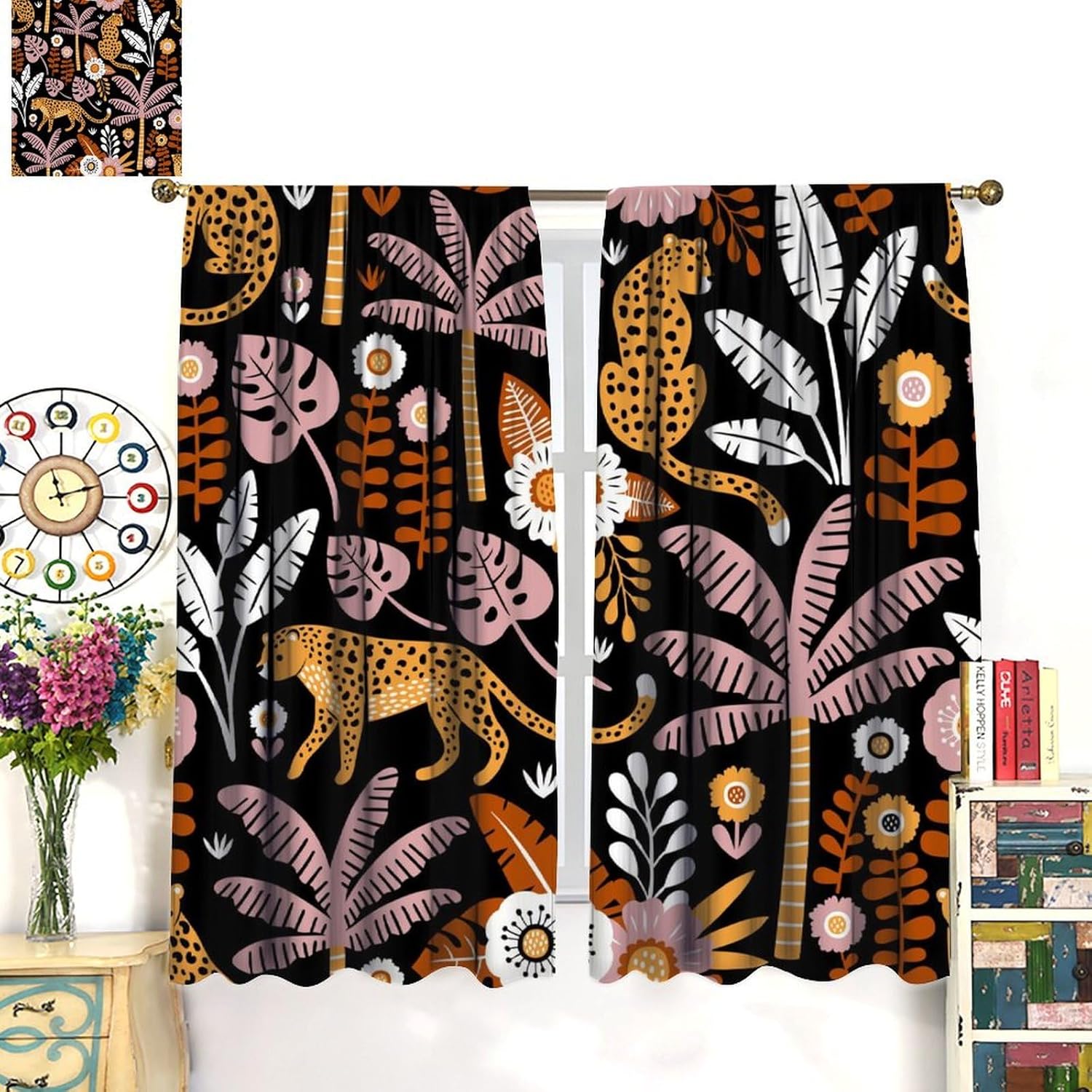 Vintage Leopard Curtains, Tropical Plants Leaves Pink Floral Wildlife Seamless Pattern Drapes, Thermal Insulation Blackout Rod Pocket Window Treatments for Living Room Bedroom Bathroom 42x45 Inch