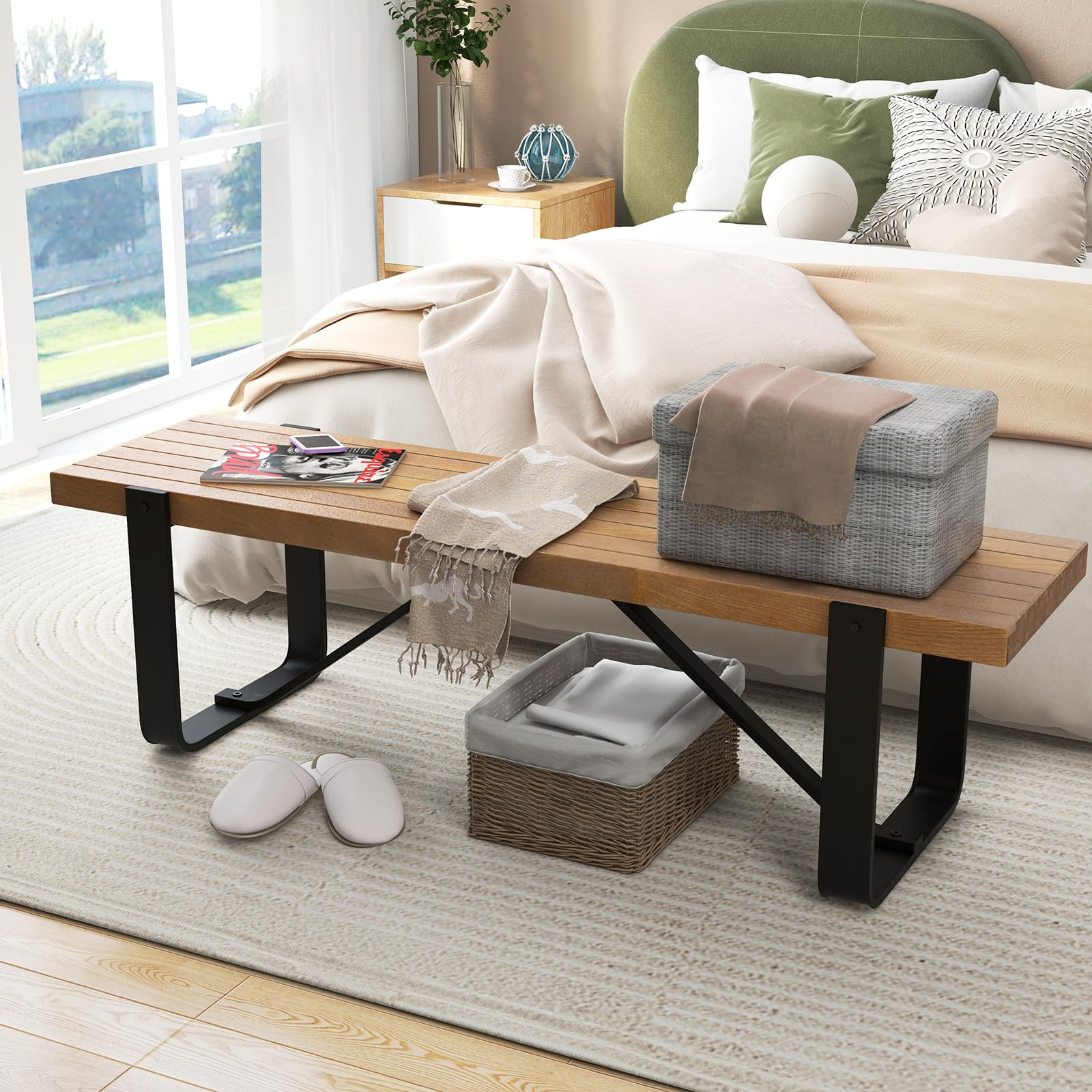GIANTEX 60" Dining Bench for 30-Person, Long Entryway Bench Seat with Metal Frame, 660 Lbs Capacity, Farmhouse End of Bed Bench for Living Room, Bedroom, Dining Room, Brown