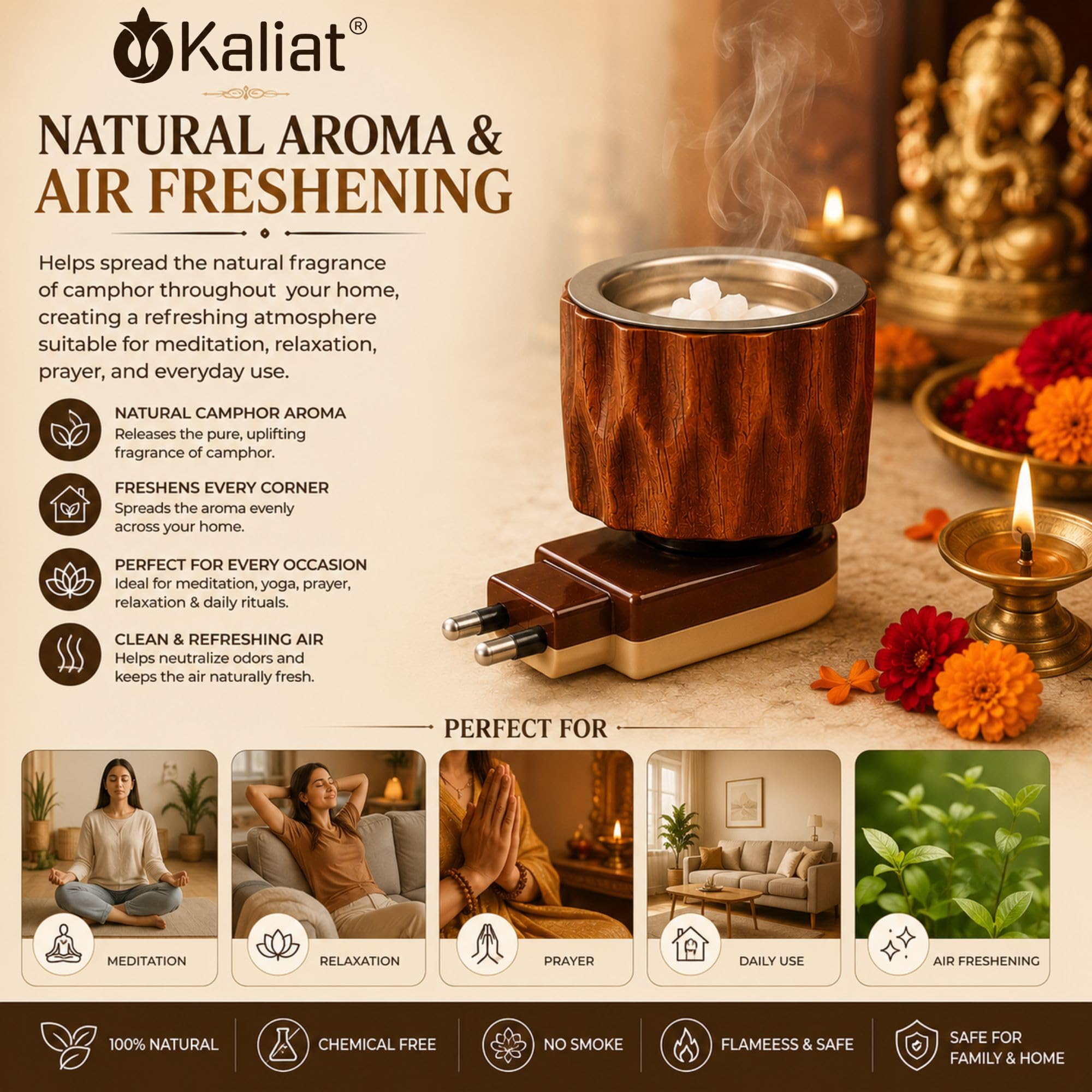 KALIAT Sheesham Wooden Electric Kapoor Dani | Premium Electric Camphor Diffuser for Home, Mandir & Puja | Kapur Burner for Aromatherapy, Meditation & Natural Air Freshening | M-501 3