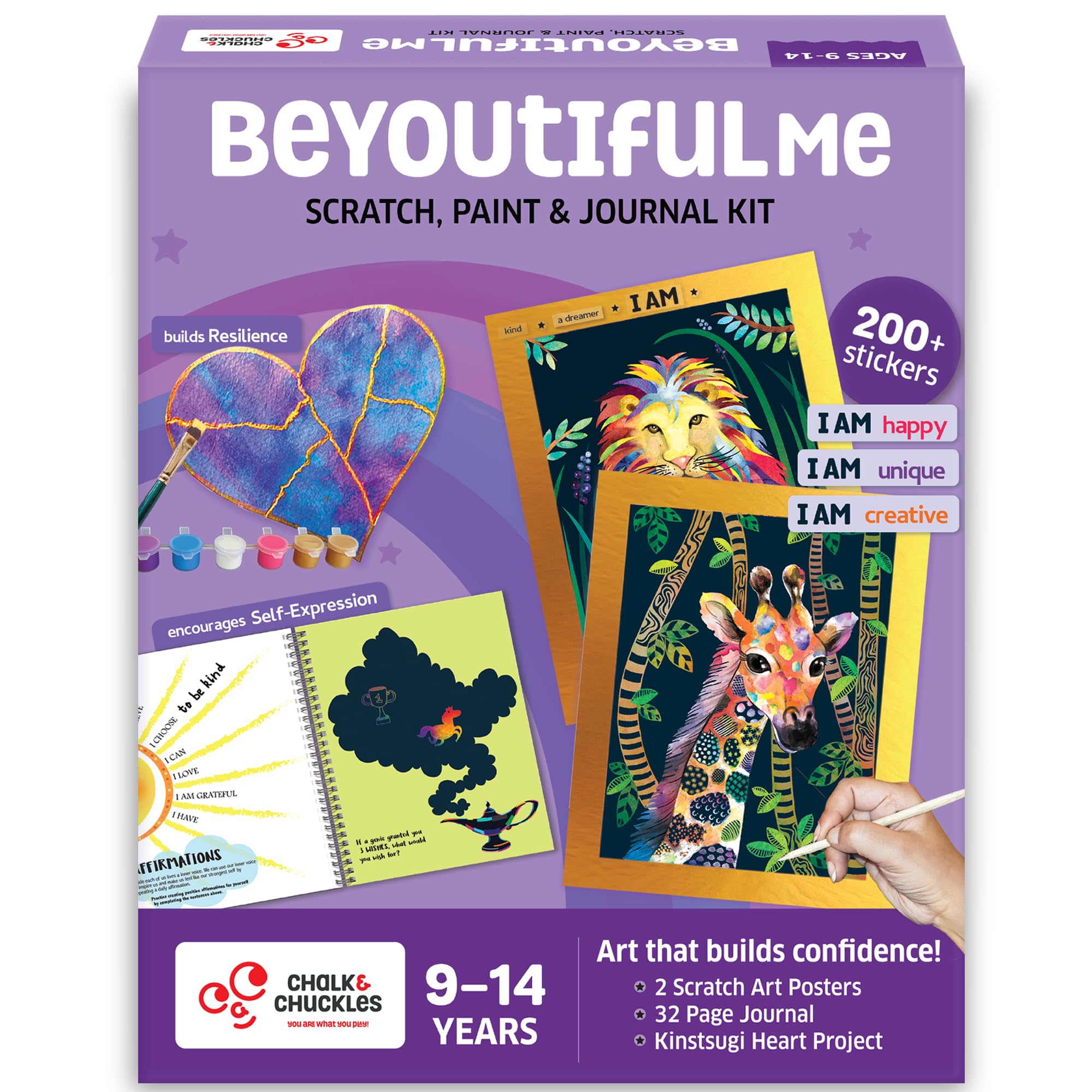 Chalk & Chuckles BeYouTiful Me Art & Craft Kit, 8-14 Years, 25+ Creative & Confidence Activities, DIY Gift for Girls & Boys- Scratch Art, Kintsugi Painting & Journal, Age 9, 10, 11, 12, 13