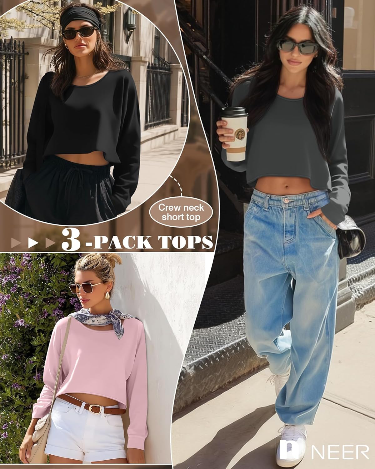 Neer 3 Pack Women's Cropped Long Sleeve Tops, Scoop Neck Loose Fit Sweatshirt Drop Shoulder Casual Basic Crop Tees - Image 2