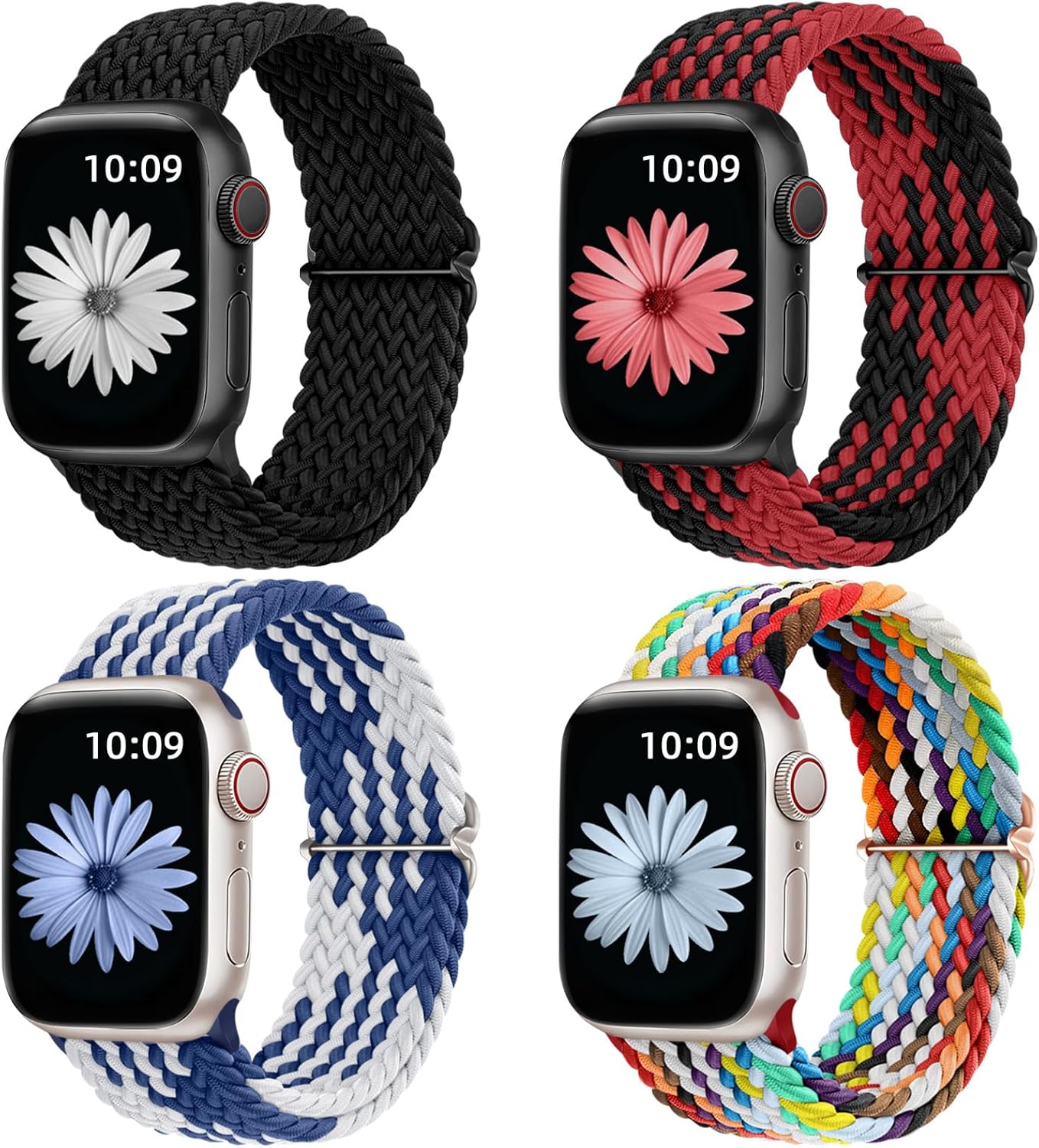 DaQin 4 Pack Braided Solo Loop Compatible with Apple Watch Band 38mm 40mm 41mm 42mm 44mm 45mm 46mm 49mm for Women Men, Stretchy Soft Nylon Strap for iWatch Series 10 9 8 7 6 5 4 3 2 1 SE Ultra/Ultra 2