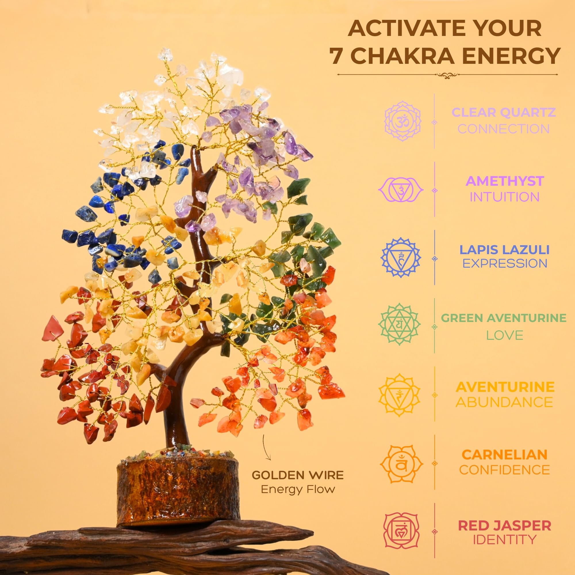 Anima Árbol de la Vida de Cristal – Árbol de 7 Chakras para Sanación, Armonía, Energía Positiva, Suerte y Manifestación – Incluye Guía y Caja de Regalo – Artesanía Ética de India