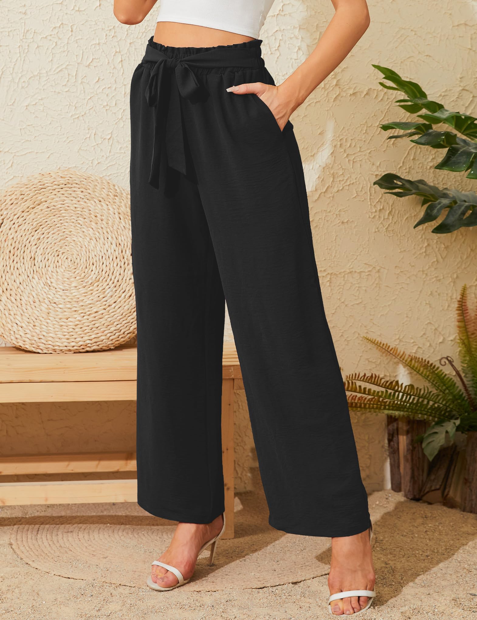 Actcat Damen Hose mit weitem Bein Leicht und Elegant Elastischer Bund Sommerhose mit Taschen für Legere Arbeit Geeignet