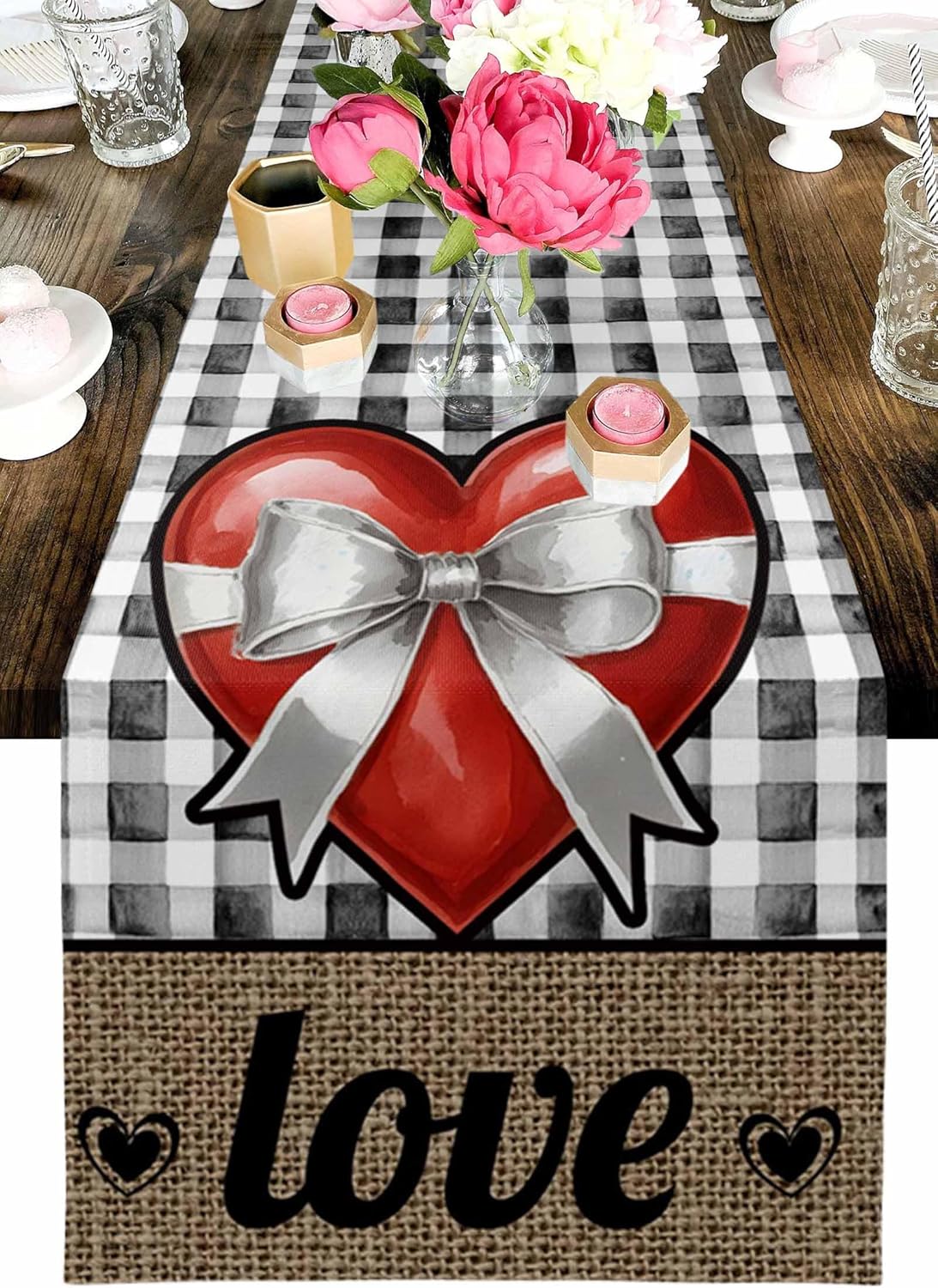 Valentine's Day Table Runner 13x108 Inches Long Bowknot Love Heart Table Runners Washable Cotton Linen Black Buffalo Plaid Linen Dresser Scarf Kitchen Dining Table Decor for Valentines Wedding Party