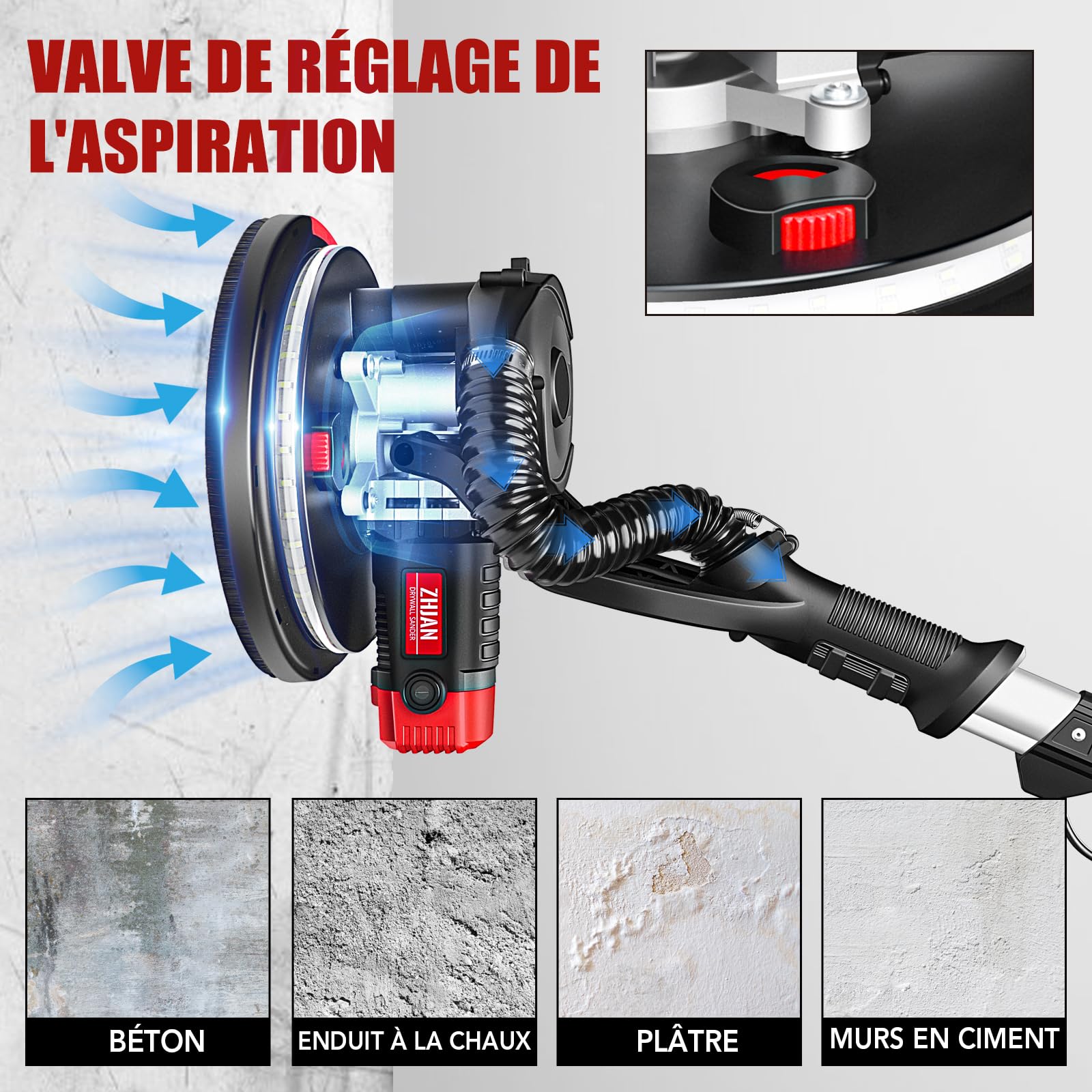 Ponceuse Girafe (880W) avec Aspiration de Poussière,1000-2100 RPM 5 Vitesses,Polissage en Angles Morts, Manche Télescopique,LED,Outil de Retrait de Plafond Popcorn【Compatible Aspirateurs】