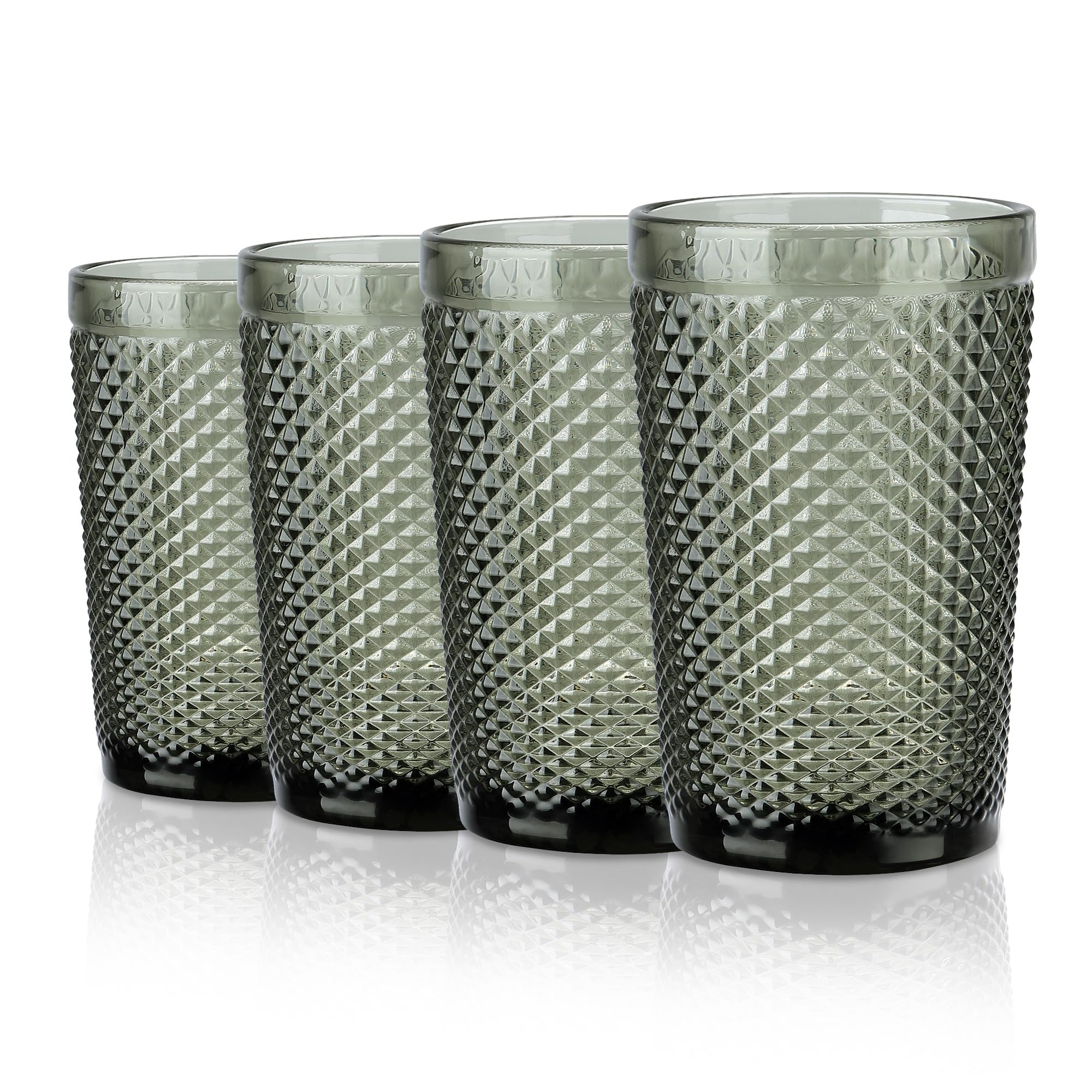 Juego De 4 Vasos De Vidrio Joeyan 400 Ml - Diseño Vintage Con Relieve De Girasol, Color Verde, Apto Para Lavavajillas
