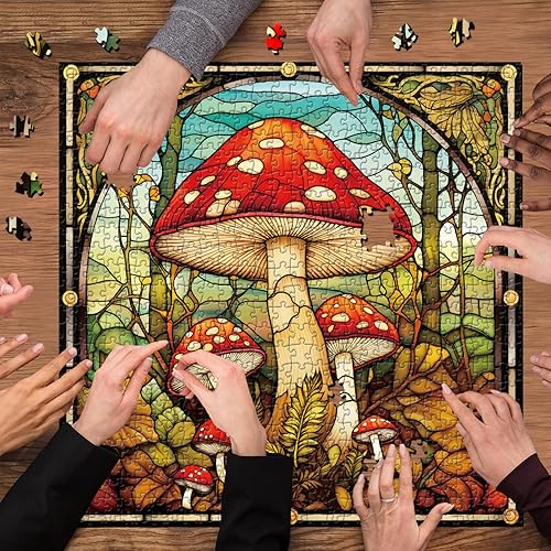 Miniatura 5 de Rompecabezas vintage de hongos para adultos de 1000 piezas, rompecabezas de plantas de naturaleza con vitrales, rompecabezas de arte imposible,