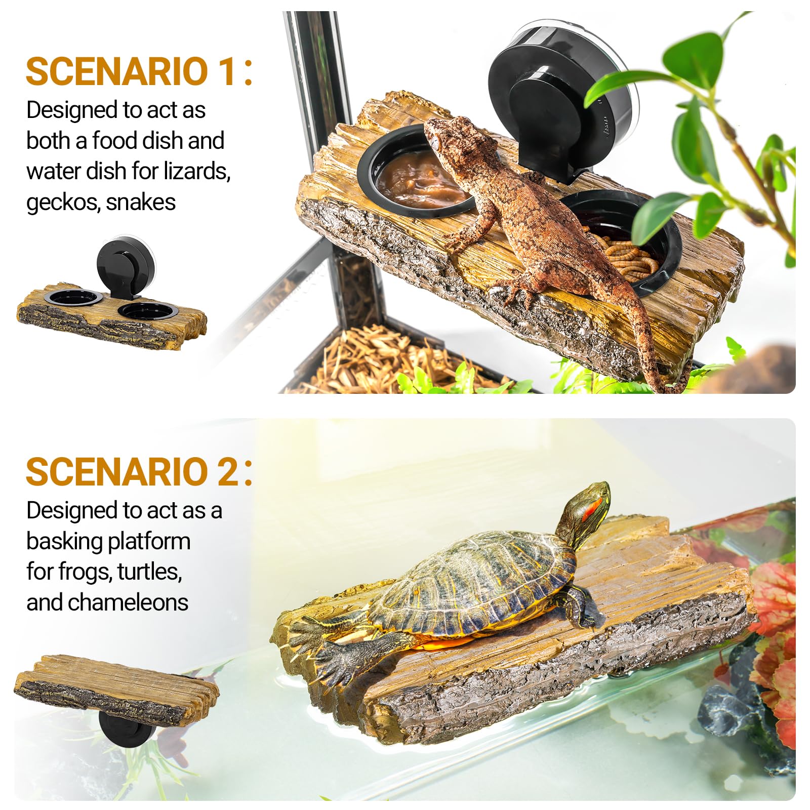 2 in 1 Reptile Feeding Ledge & Turtle Basking Platform Resin Suction Cup Feeder with 4PCS Cups Terrarium Water Bowl Food Dish - Tank Accessories for Crested Gecko Lizards & Aquatic Turtles product thumbnail 4