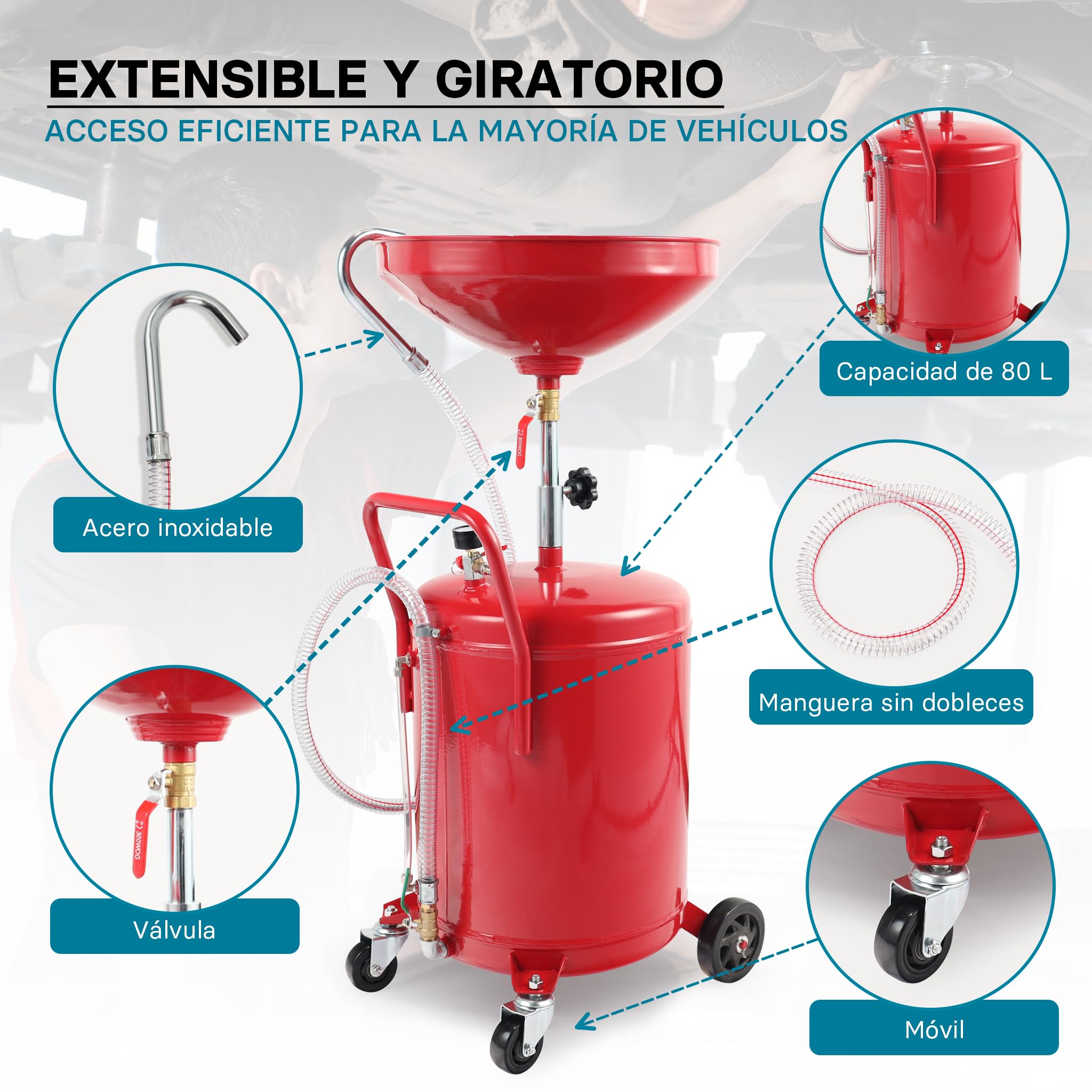 WilTec Recogedor de Aceite Usado 80l, Altura regulable122-168cm y chasis 4 Ruedas, Vaciado Aire a presión