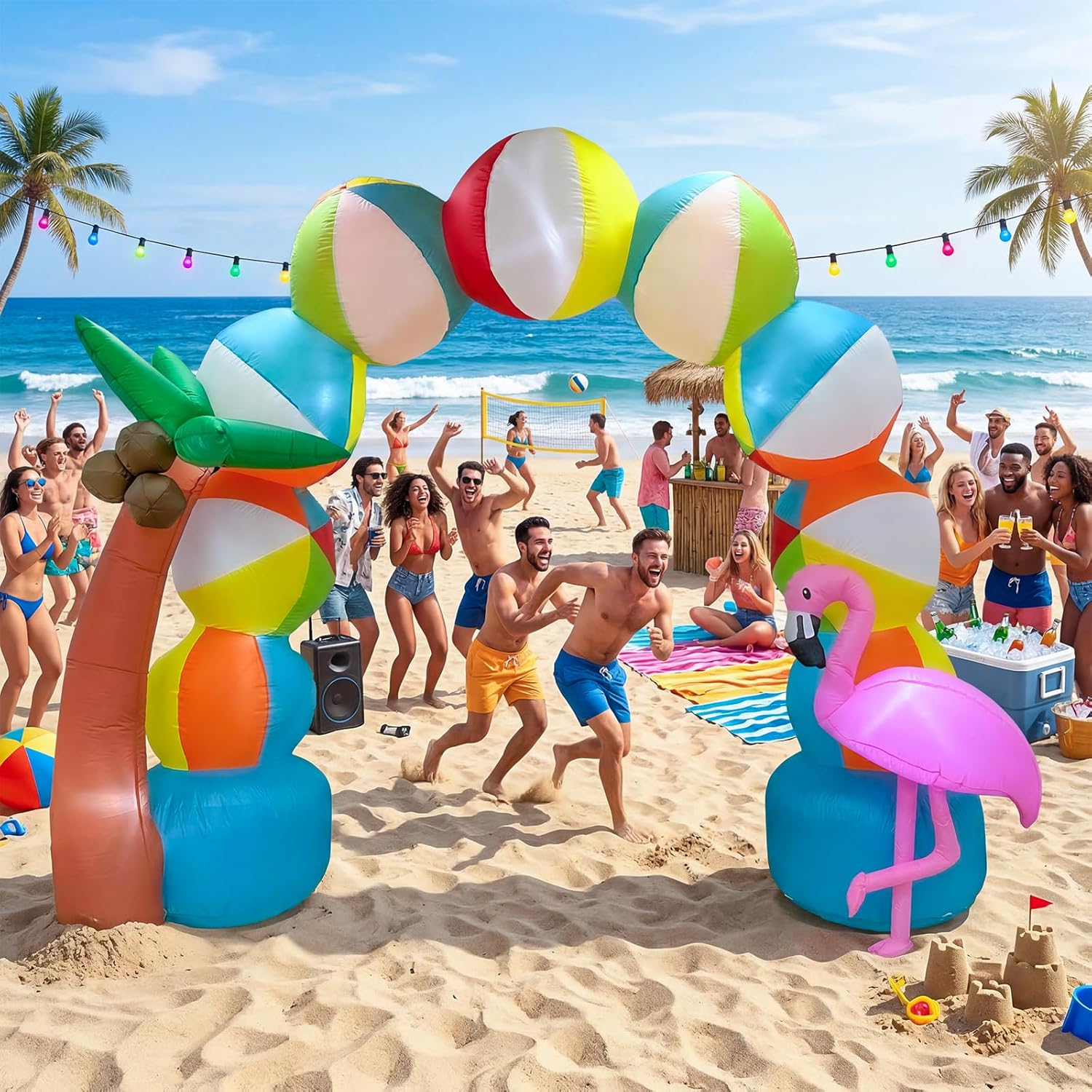 9FT Summer Inflatable Beach Arch Ball, Giant Inflatable Arch Pool Party Decorations with 8 LED Lights Summer Inflatables Outdoor Decorations Beach Party Decorations for Sea Pool Beach Hawaiian