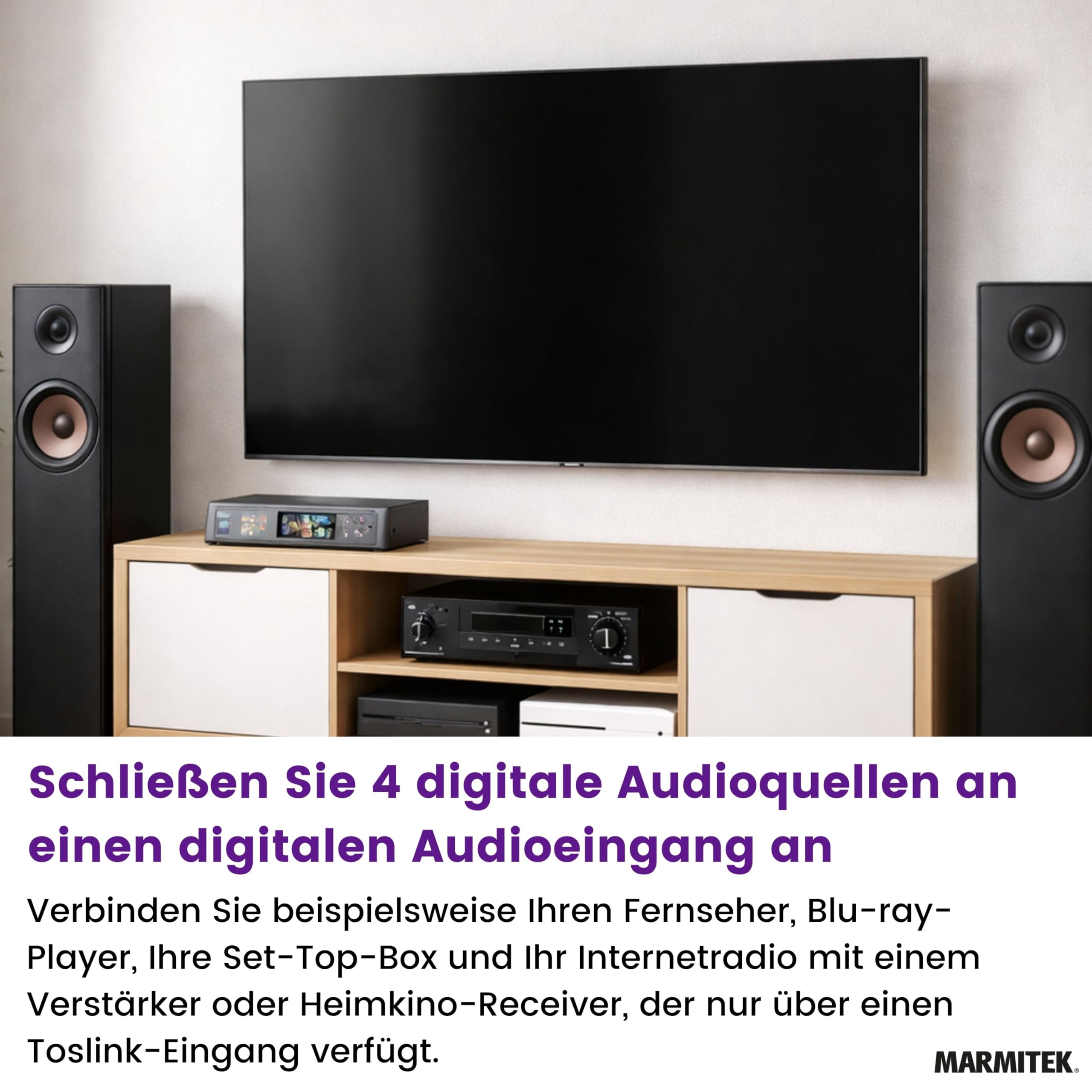 Toslink Audio Switch - Marmitek Connect TS21 - Audio Weiche Optical - 2 Ein / 1 Aus - S/PDIF - 192 kHz Sampling Rate - Dolby Digital - DTS - Schalter für Lichtleiterkabel