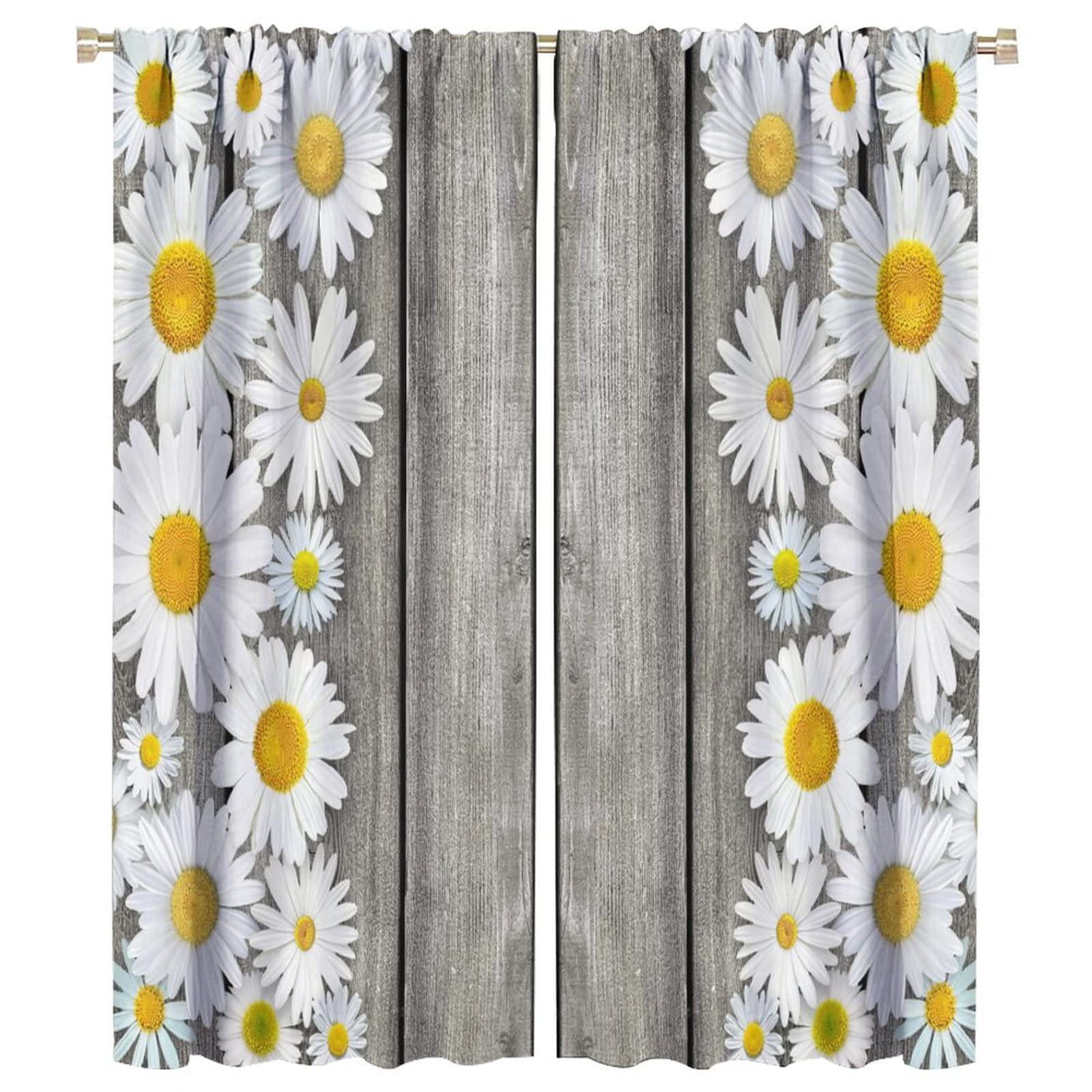 Rustic Farmhouse Kitchen Curtains,Spring Farm Daisy Floral Flowers Retro Country Wooden Blackout Rod Pocket Window Drapes for Living Room Bedroom Bathroom Home Decor W42xL54in