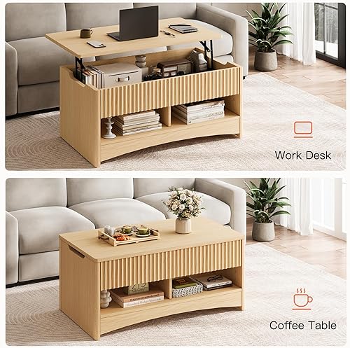 Miniatura 6 de Amada - Mesa de centro con superficie elevable y estante de almacenamiento con compartimento oculto, mesa de comedor moderna de forma rectangular