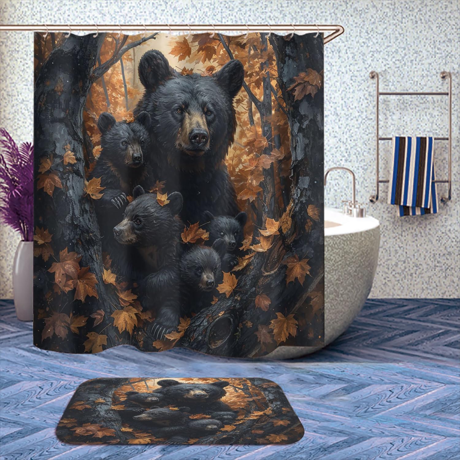 4 Pcs Retro Bear Shower Curtain Set with Rug, Toilet Lid Cover and Bath Mat, Vintage Cottages Animal Country Leaves Bathroom Shower Curtain with 12 Hooks Accessories Decorative