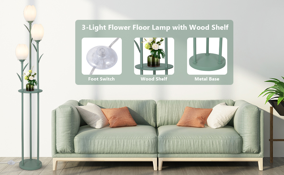 Image of 3-Light Flower Floor Lamps for Living Room, Green Floor Lamp with Shelves, Unique Tulip Standing Lamp with 3 LED Blubs, Cute Floral Tall Lamp, Modern Stand Up Light Decor for Bedroom, Kids Room