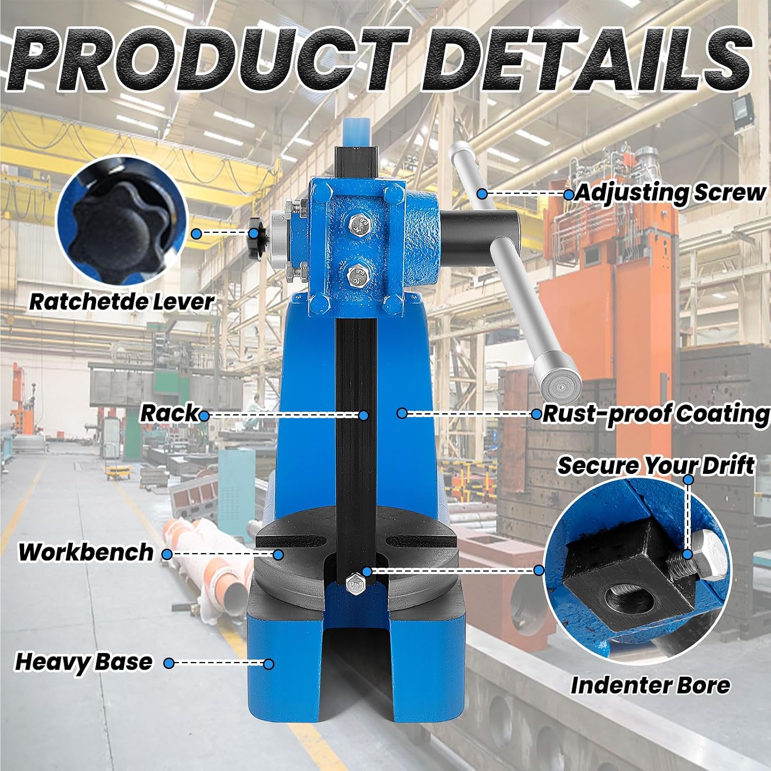 Arbor Press 2 Ton (17.32"H x 15.35"L), Reversible Ram, 3 Drifts, Steel Anvil for Punching/Shaping, Small Workbench (2T Blue)