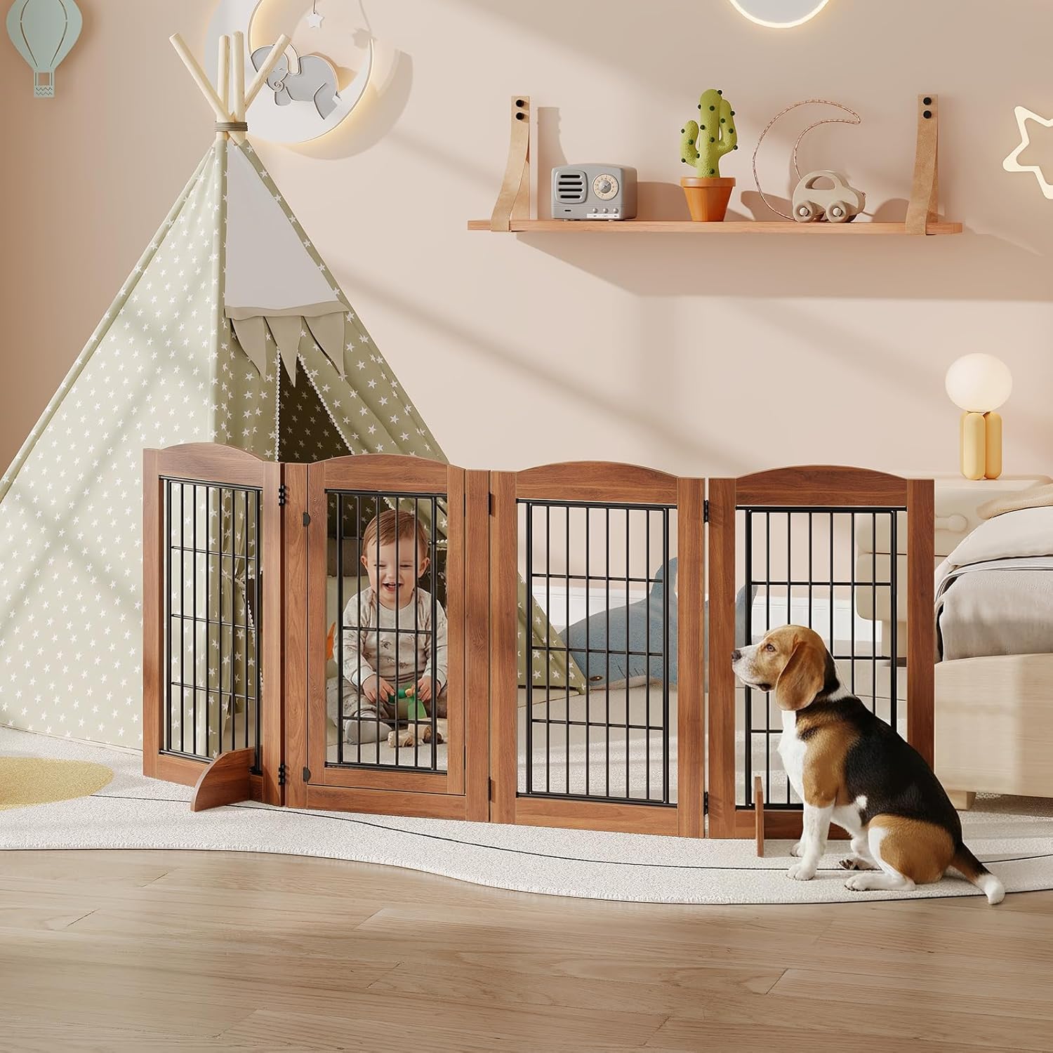 HOOBRO 32.7'' Tall Dog Gate with Door Walk Through, Freestanding Pet Gate with 2 Support Feet, Foldable Dog Fence Indoor, 360° Rotating Hinges, for Doorways, Stairs, Walnut BH86PP03