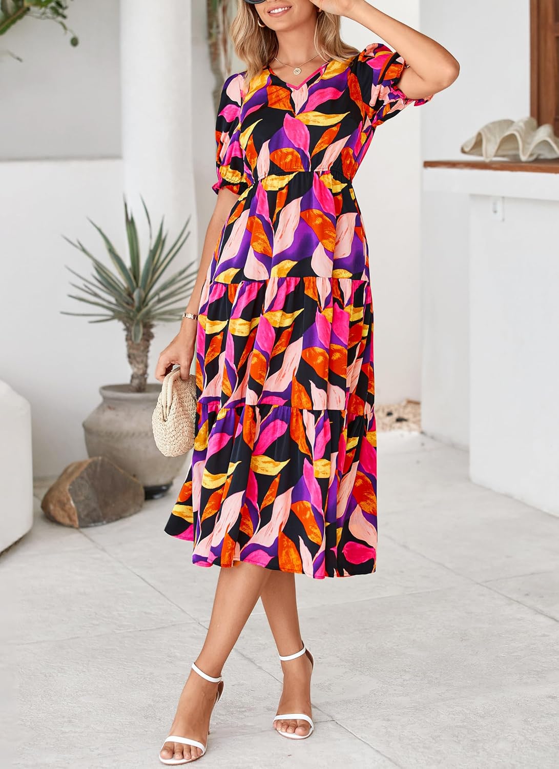 Okiwam Womens Summer Dresses 2026 Spring Casual Floral Short Sleeve Ruffle Flowy Midi Dress Boho Beach Vacation Sundress - Image 7