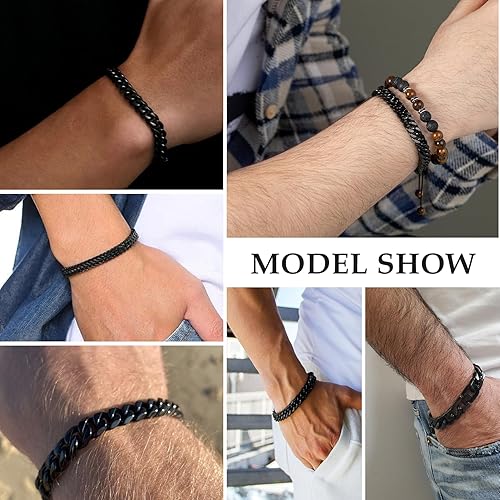 Miniatura 3 de PRETOLE 2PCS Mens Stainless Steel Bracelets, Black Gemstone Tiger Eye and Agate Beaded Bracelet for Men Chain Matching Bracelets Set for Women,
