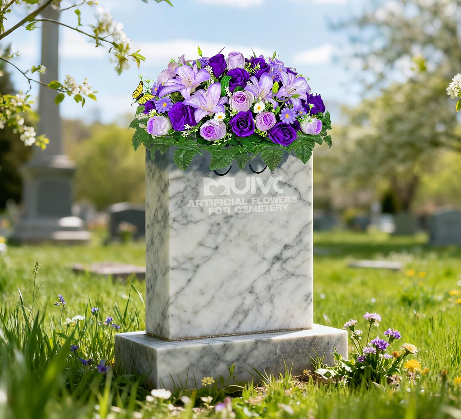 MUVIC Artificial Cemetery Flower for Grave,Headstone Flower Saddle -Purple Lily Rose Daisy, Easy Fit