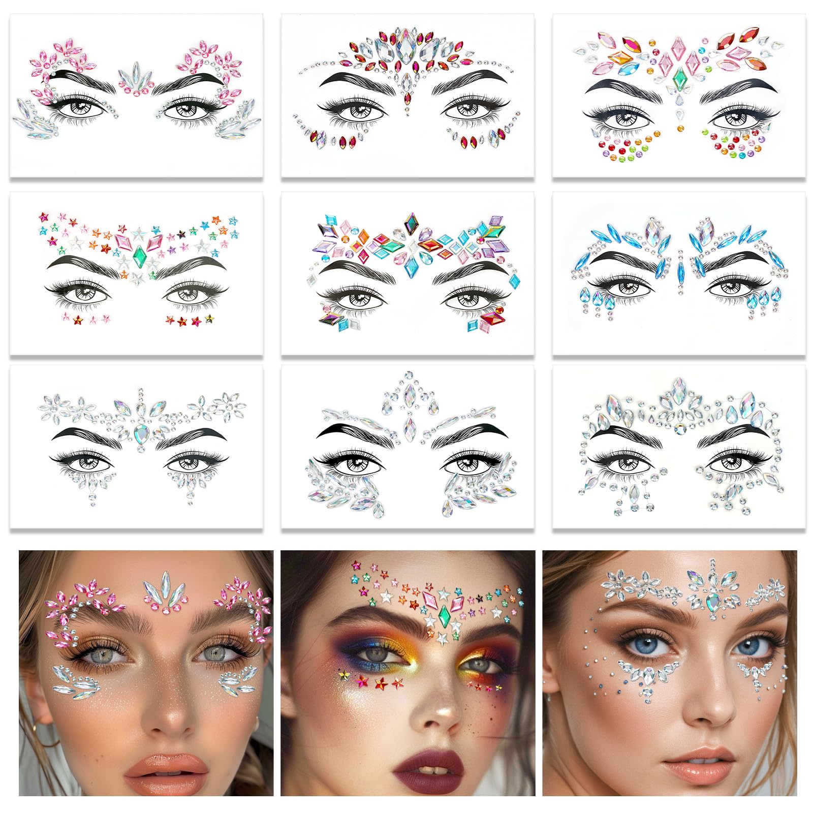 Canvalite Face Gems, 9 Pcs Long-Lasting Rhinestone Face Glitter for Music Festival & Parties, Waterproof & Hypoallergenic