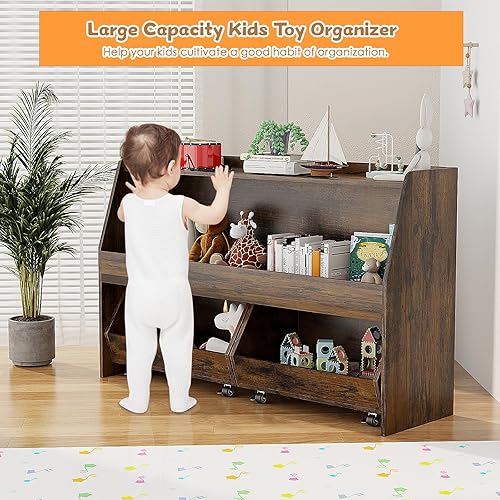 Miniatura 5 de COZPAW Organizador de almacenamiento de juguetes, estante Montessori de 2 niveles con contenedores móviles, organizador de juguetes, estante para