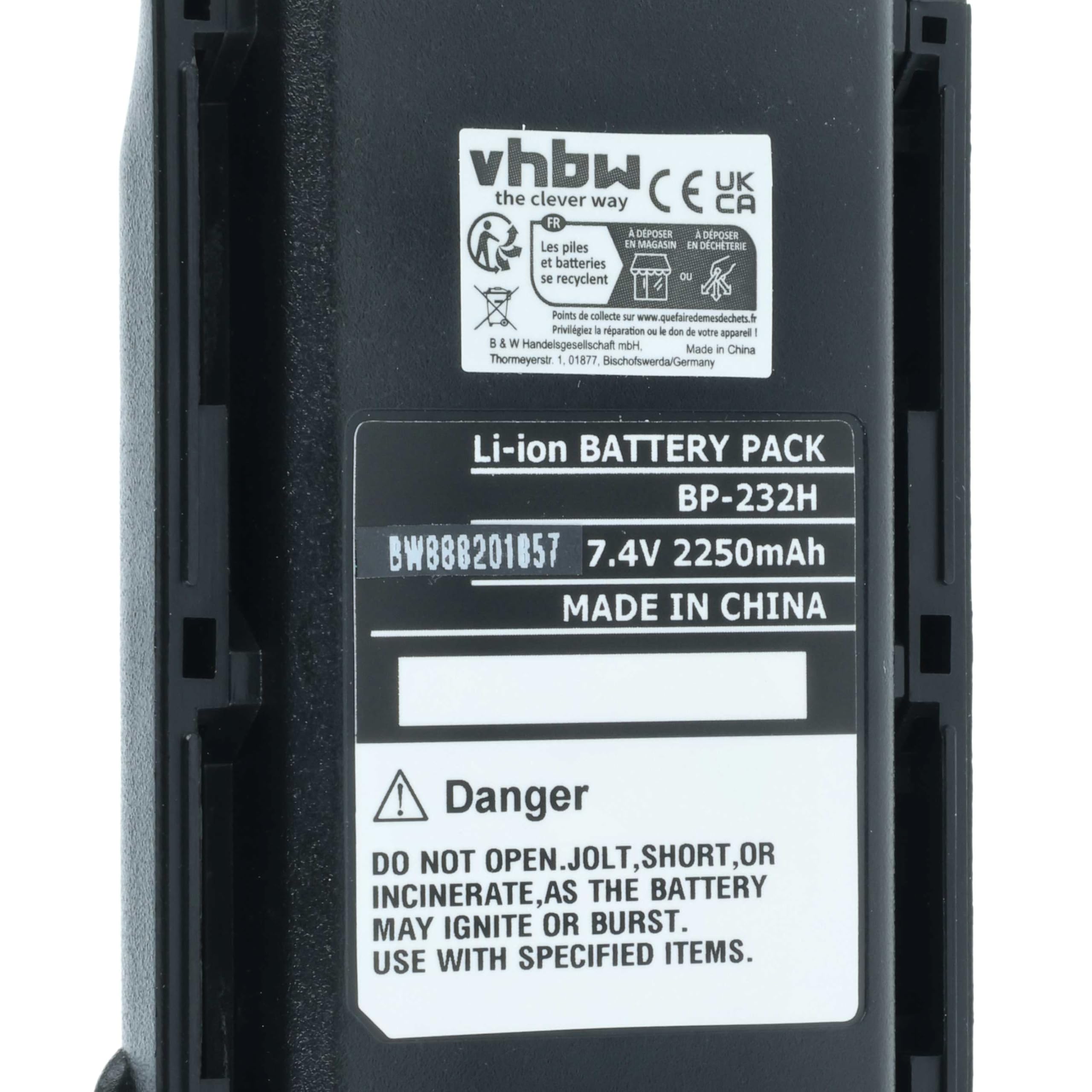 vhbw batteria sostituisce Icom BP-232LI, BP-232N, BP-232WP per radio (2250mAh, 7,2V, Li-Ion)