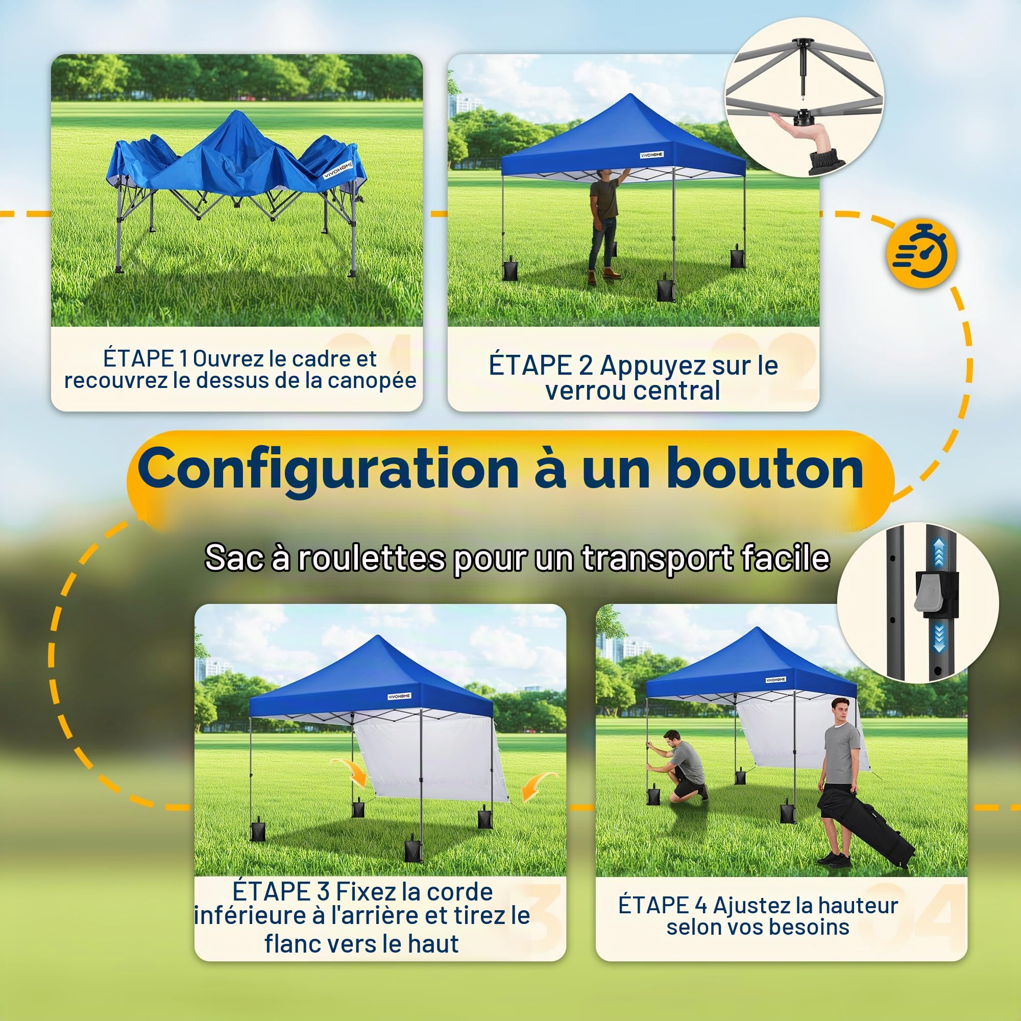 VIVOHOME 3x3m Tonnelle Pliante Extérieur avec Panneau Latéral Oxford 150D | Tente de Jardin Imperméable Structure Acier Réglable Protection UPF 50+, Housse à Roulettes pour Camping Fêtes